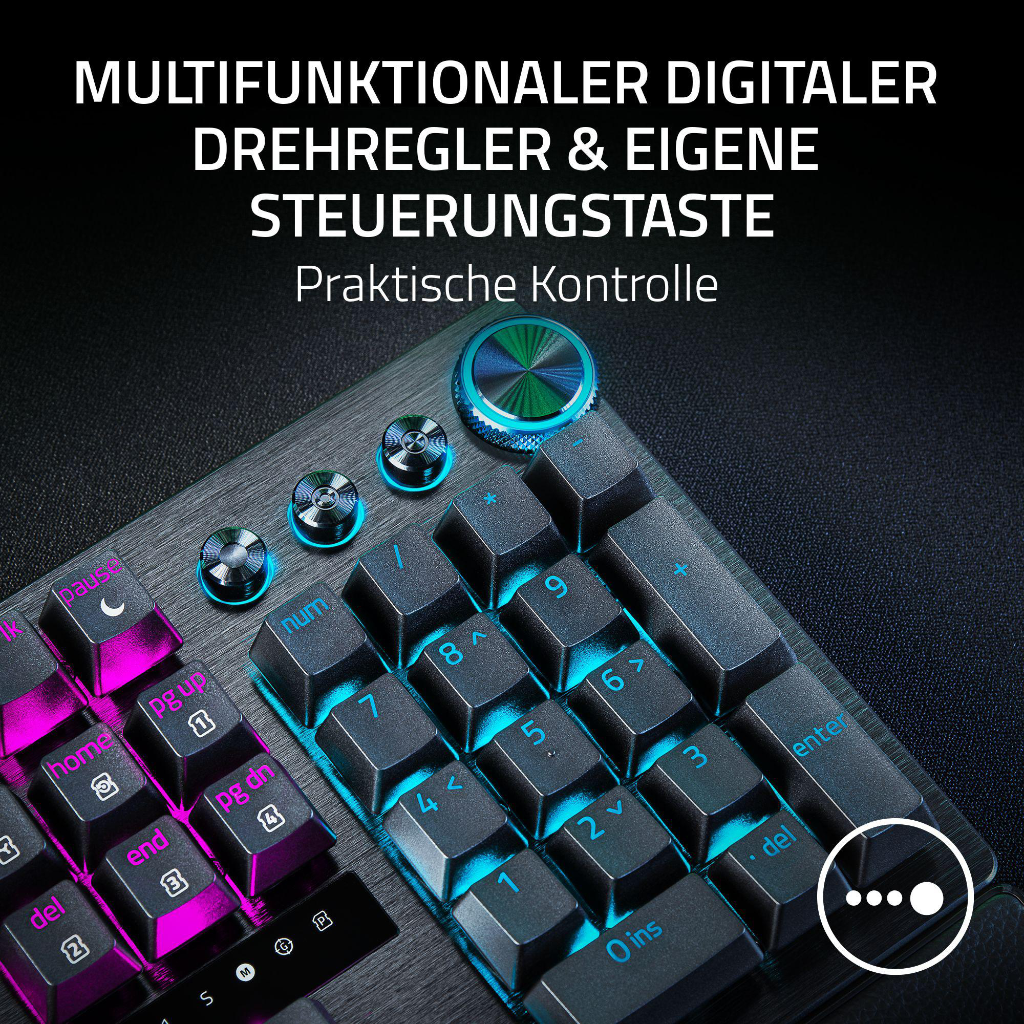 Eine Tastatur mit bunten Tasten. Sie hat ein digitales Ziffernblatt und Bedientasten oben.