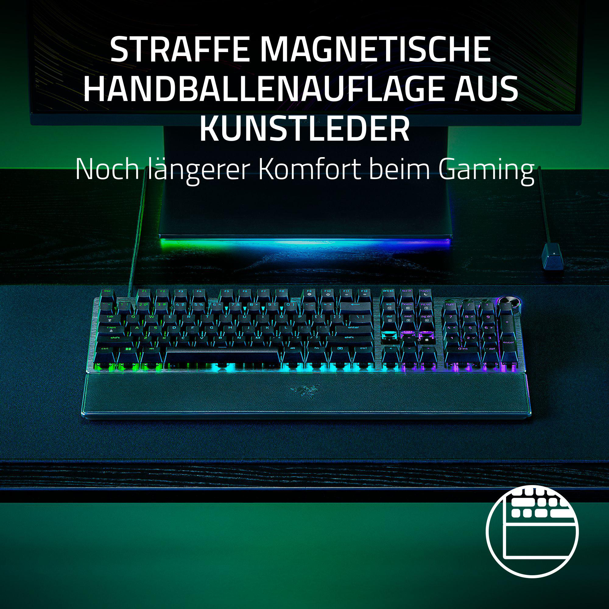 Gaming-Tastatur mit farbigen Lichtern. Der Text besagt, dass es sich um eine magnetische Handballenauflage aus Kunstleder handelt.