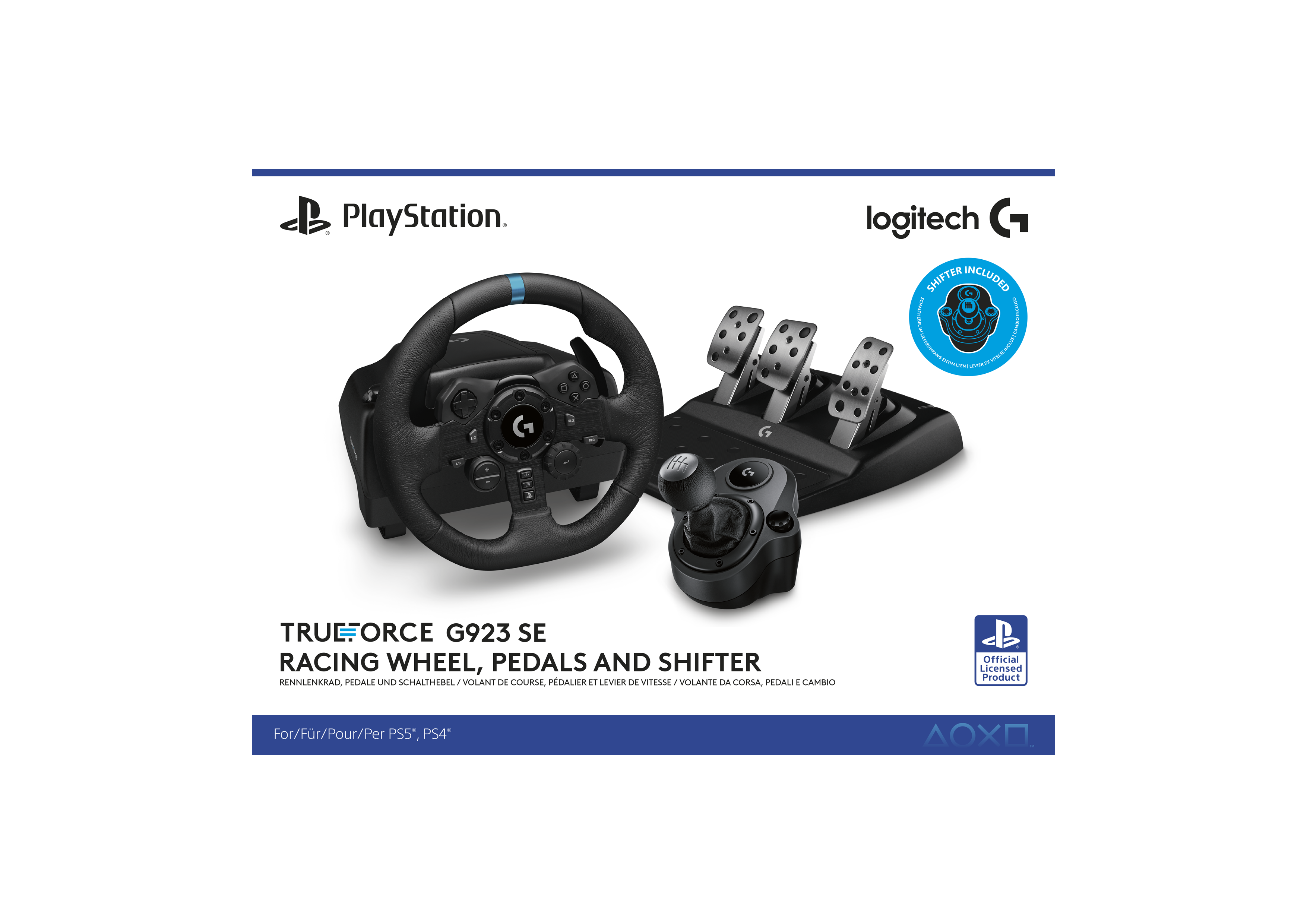 Volante, pedales y cambio de marchas Logitech G923 SE negros y grises con marca PlayStation.
