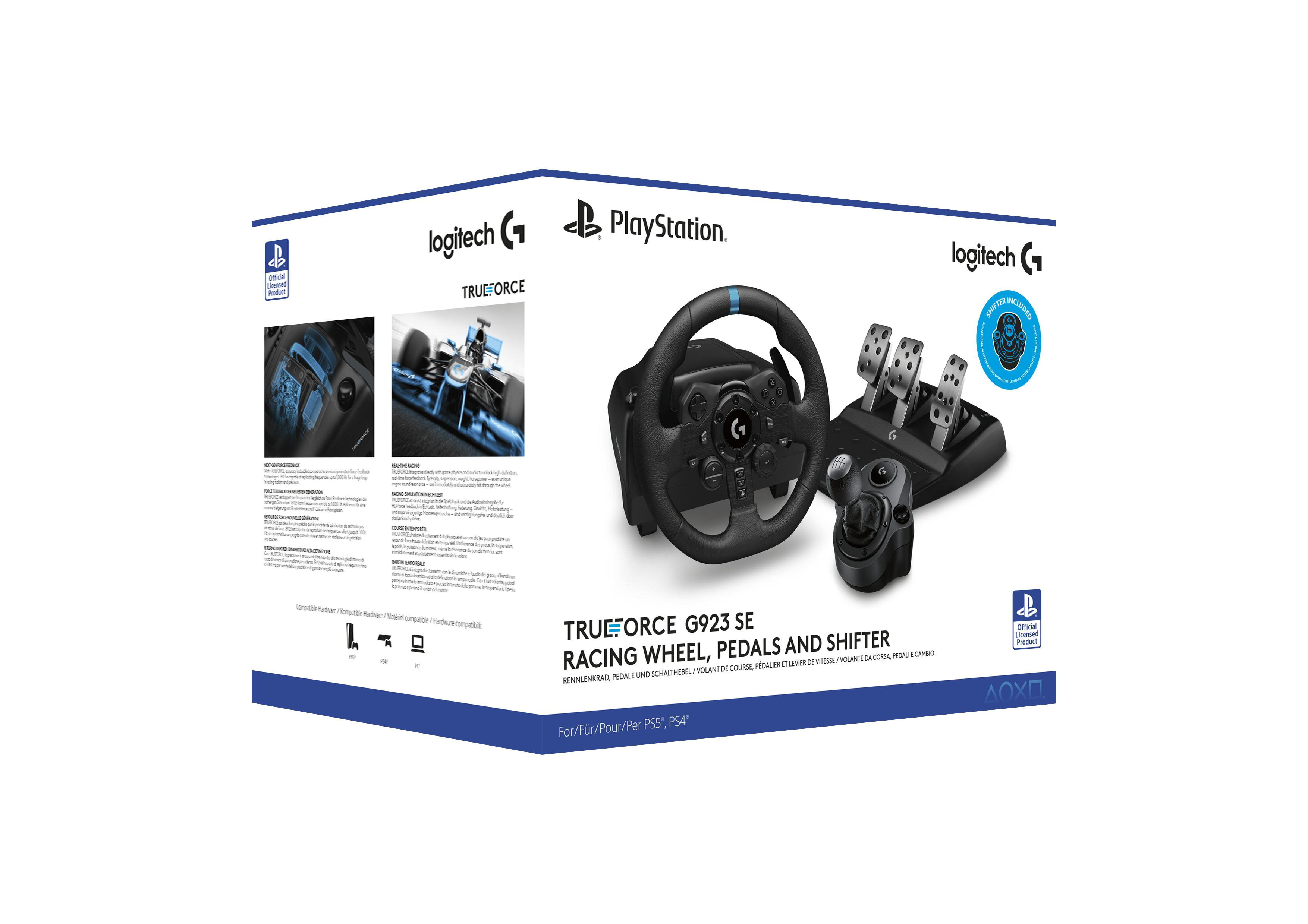 Una caja con volante, pedales y palanca de cambios. Es un Logitech G923 SE para PlayStation.