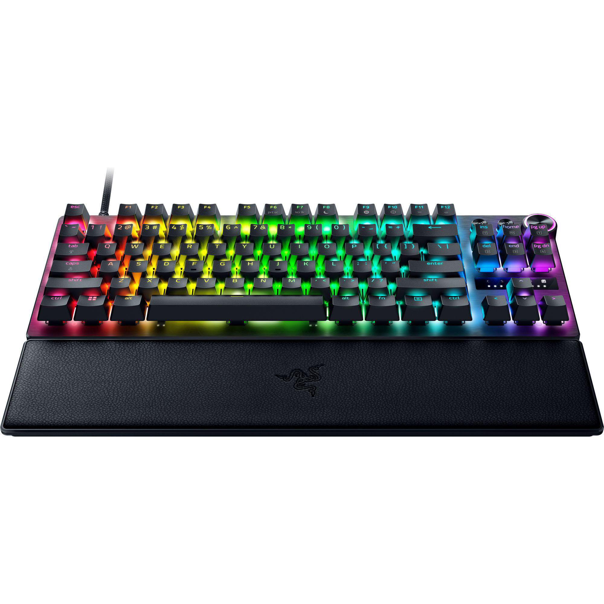 Razer-Tastatur mit Regenbogen-Tasten, schwarzer Handballenauflage, weißer Hintergrund.