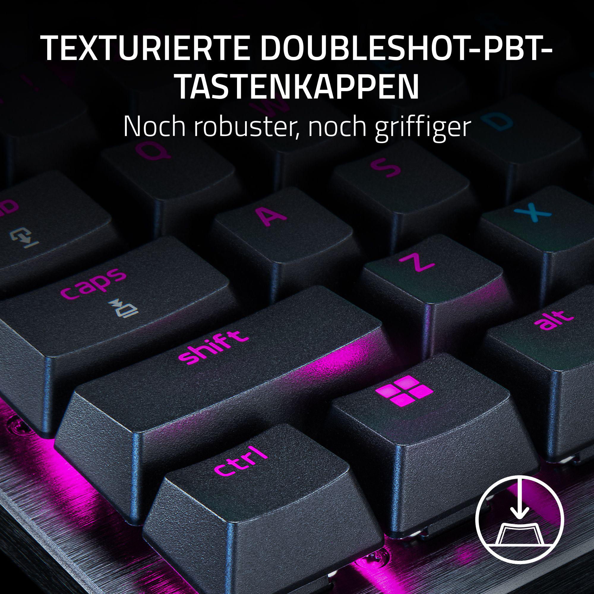 Nahaufnahme einer schwarzen Tastatur mit pink beleuchteten Tasten. Die Feststelltaste ist sichtbar.