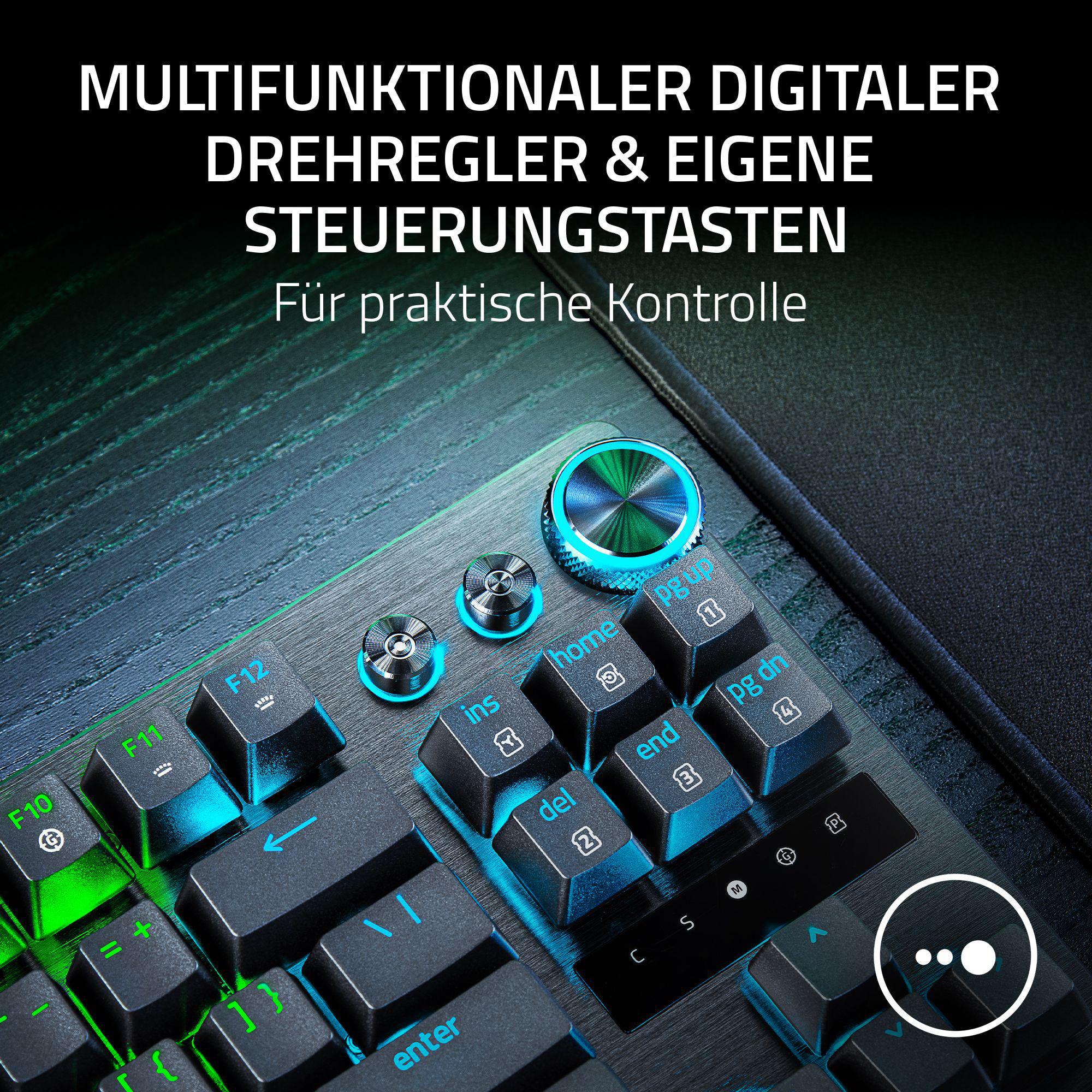 Eine Tastatur mit blau und grün beleuchteten Tasten und Steuertasten.