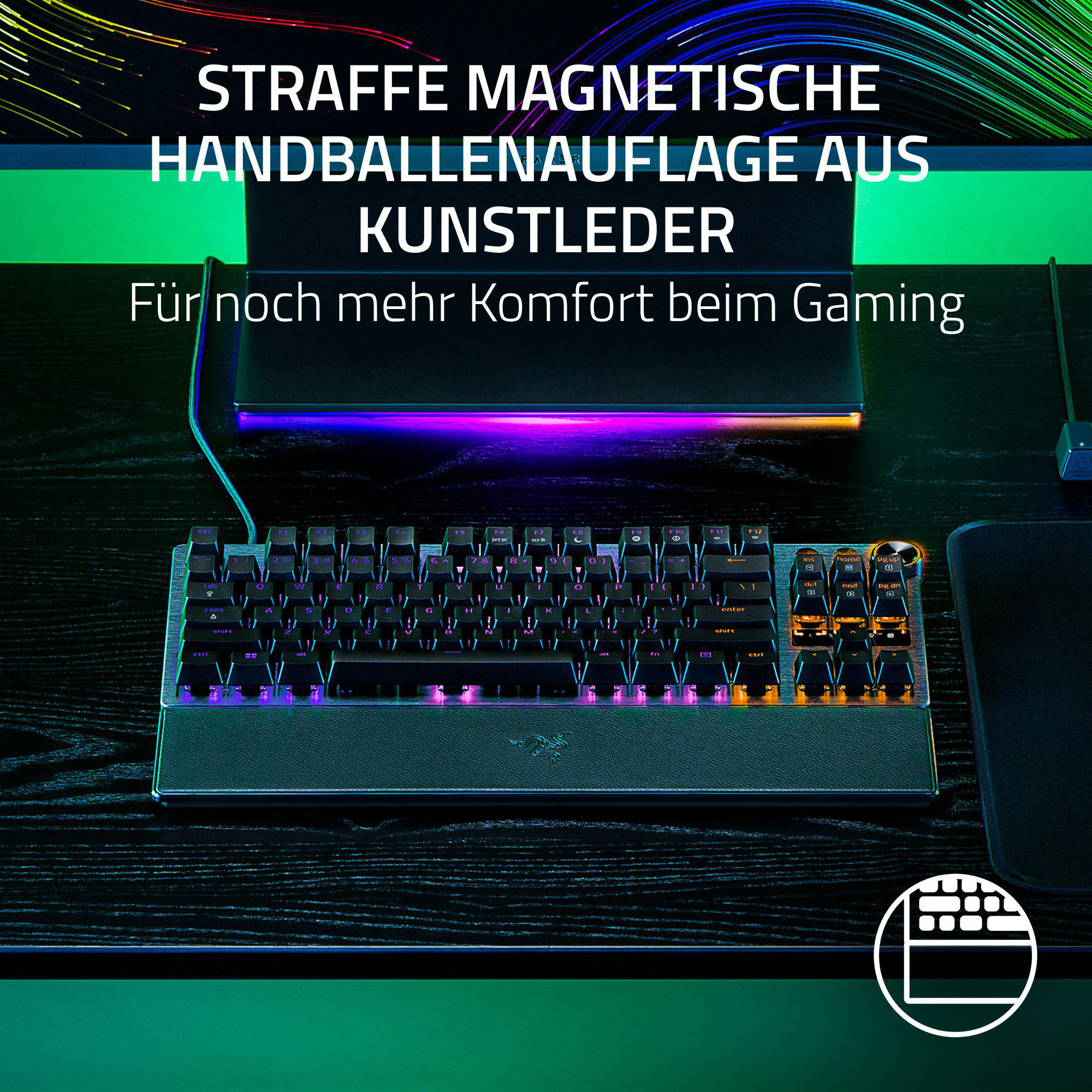 Eine Gaming-Tastatur mit Handballenauflage und Beleuchtung. Die Tastatur hat eine schwarze Oberfläche.