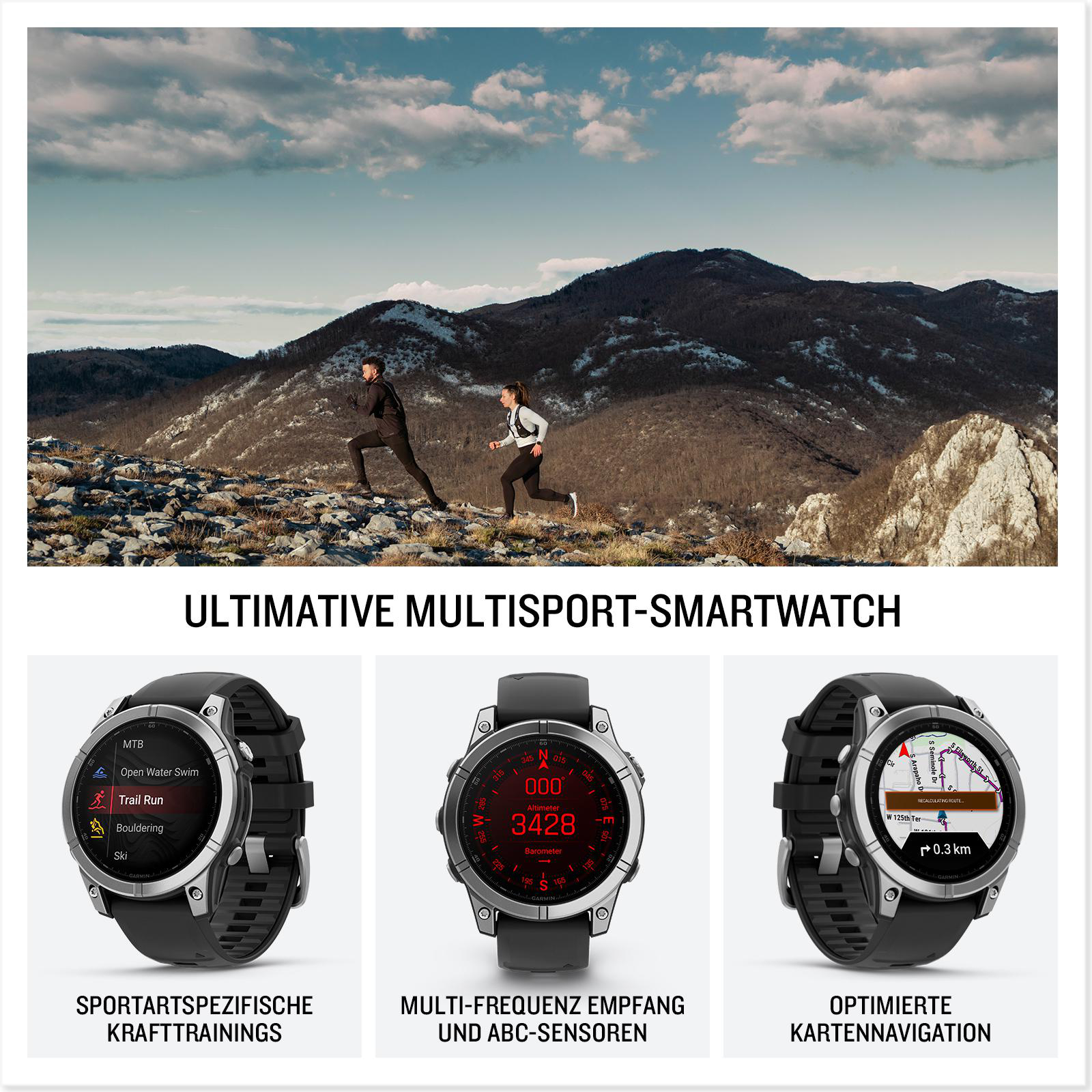Zwei Personen laufen auf einem Bergpfad, mit einer Nahaufnahme der Smartwatch.
