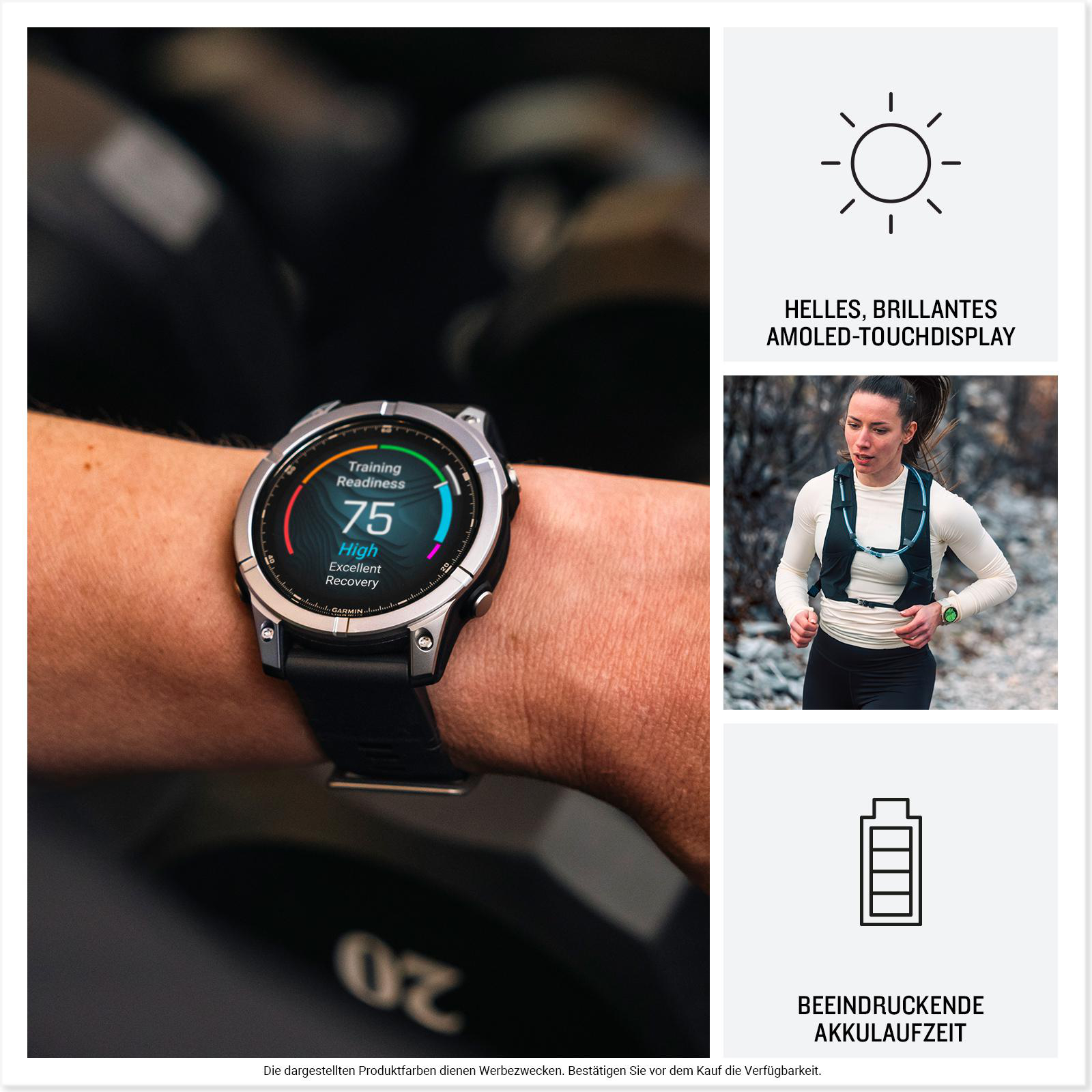 Smartwatch am Handgelenk, eine Frau beim Laufen, Sonnensymbol und Batterie-Grafik.