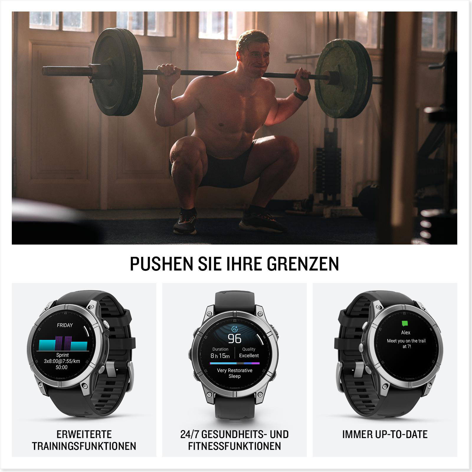 Mann hebt Gewichte. Darunter drei Smartwatches mit Trainingsdaten.