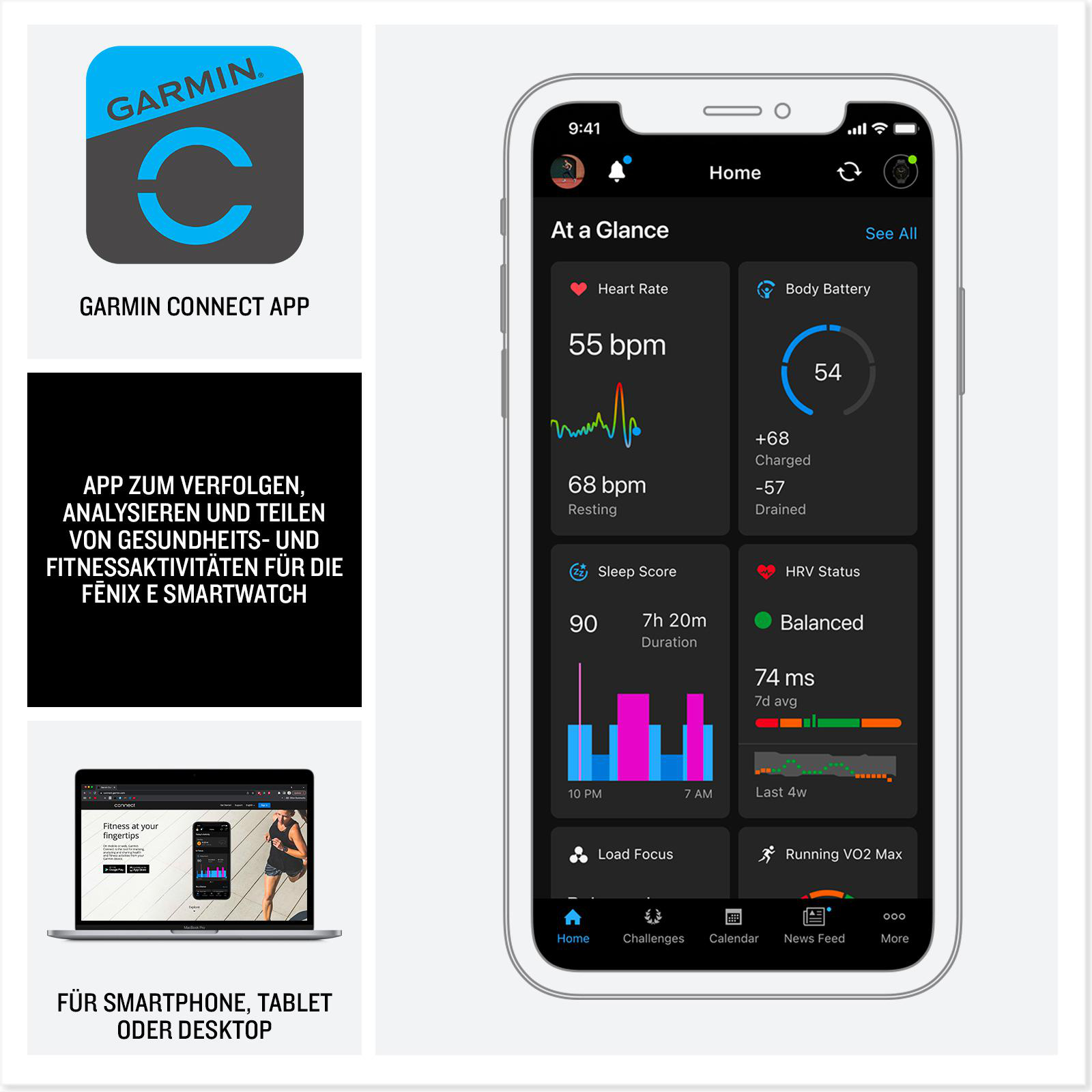 Garmin Connect App-Oberfläche auf einem Smartphone, mit zusätzlichen Bildschirmen und Logo.