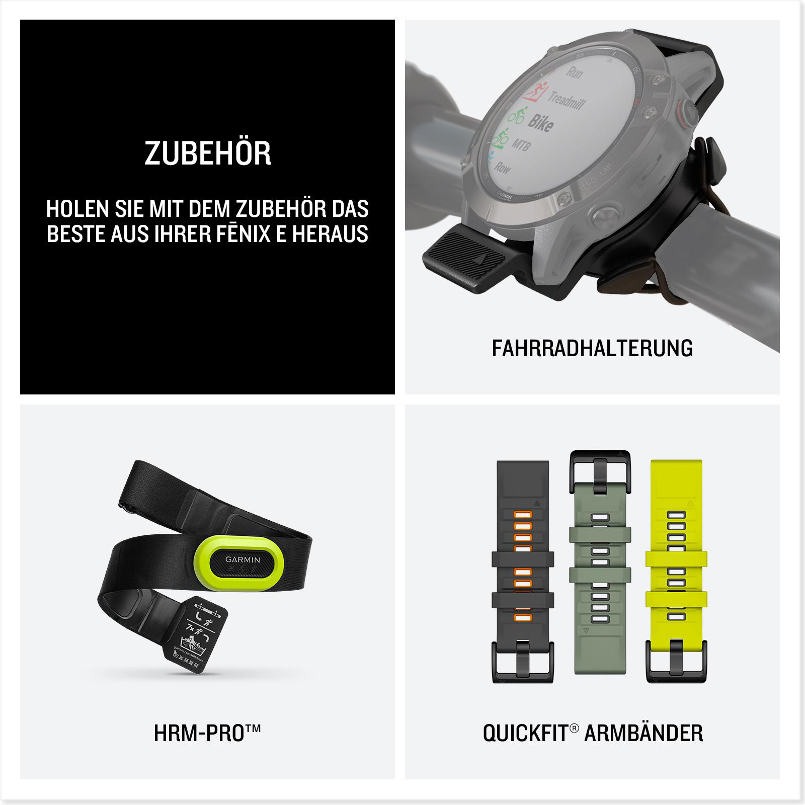 Zubehör für eine Garmin Fenix Uhr: Fahrradhalterung, Herzfrequenzmesser und Uhrenarmbänder.