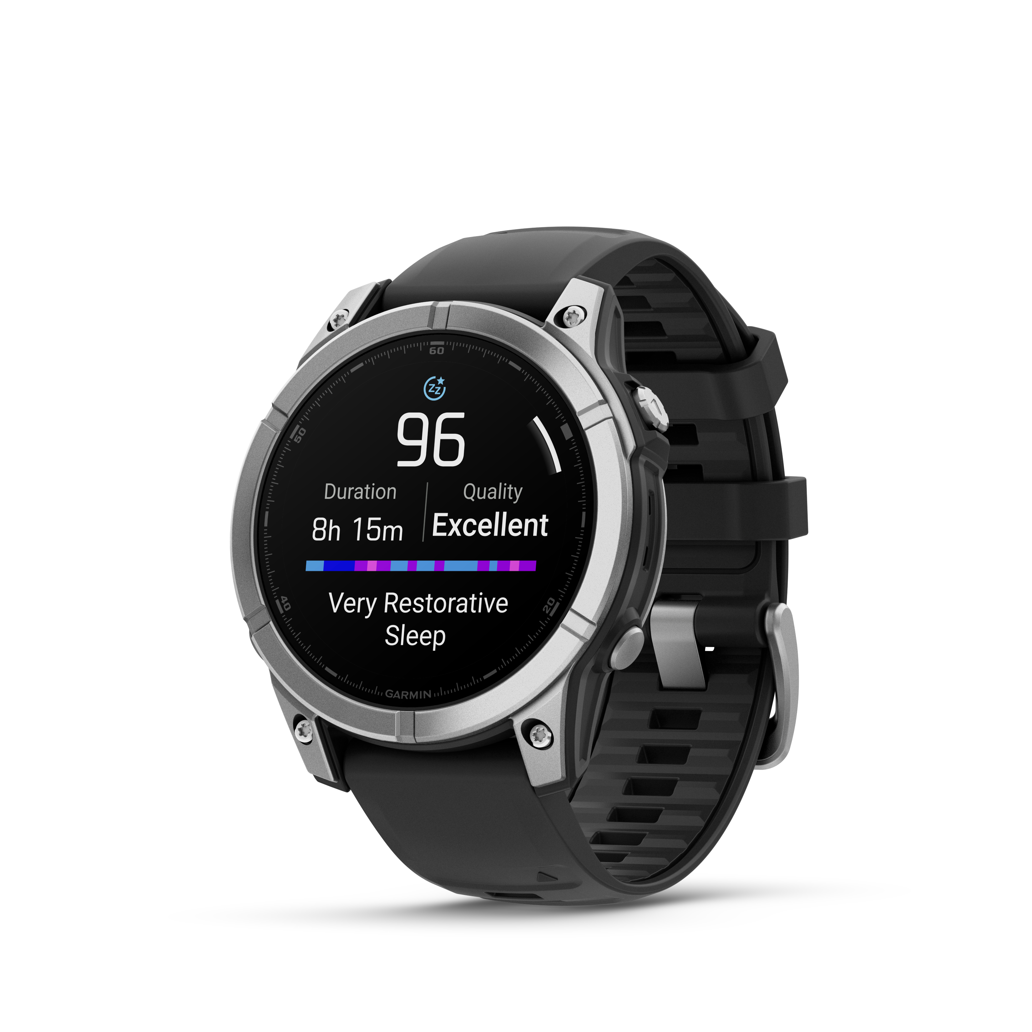 Silber-schwarze Smartwatch mit Schlafinformationen: Dauer, Qualität und 'sehr erholsamer Schlaf'.