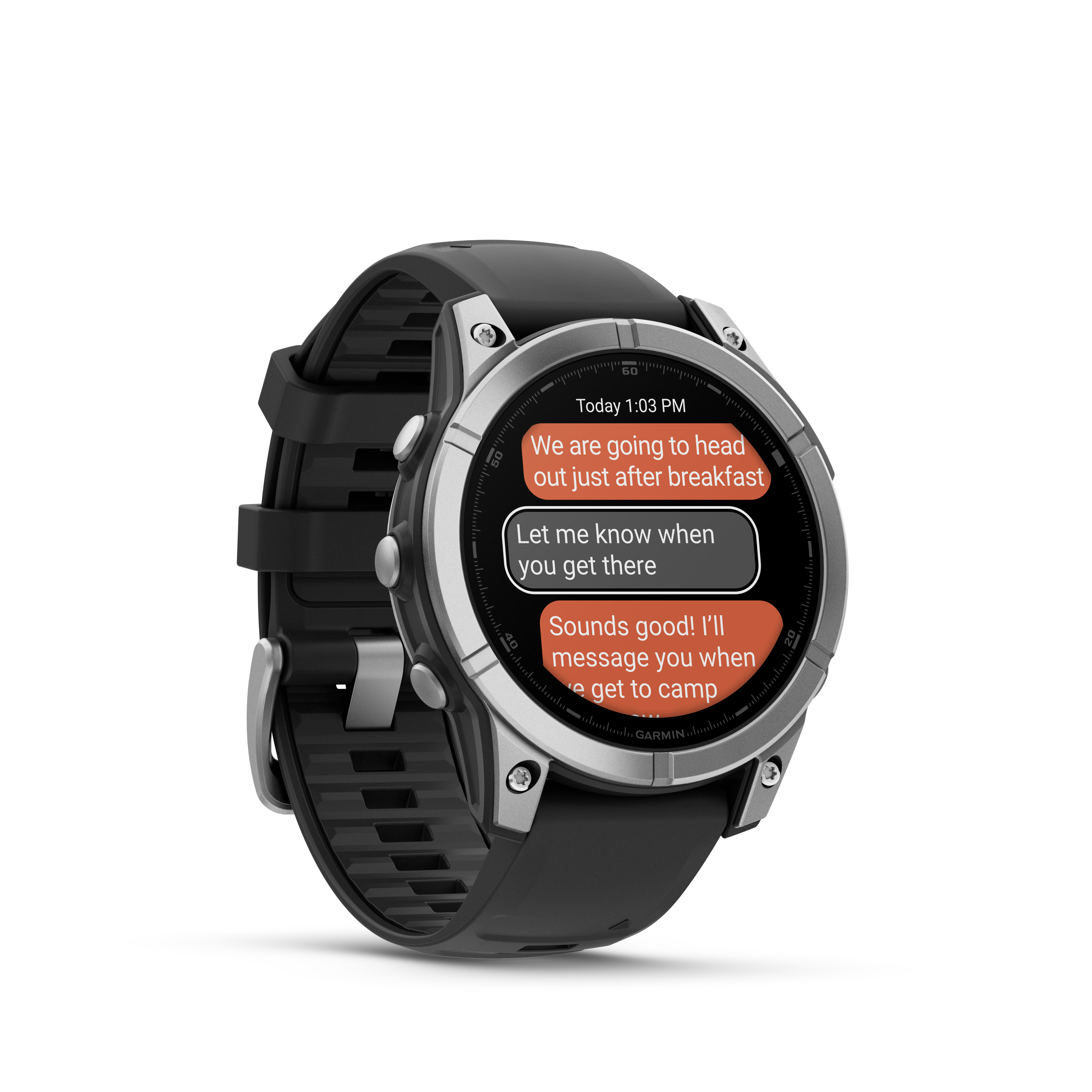 Smartwatch mit schwarzem Armband, das eine Textkonversation auf dem Bildschirm zeigt.