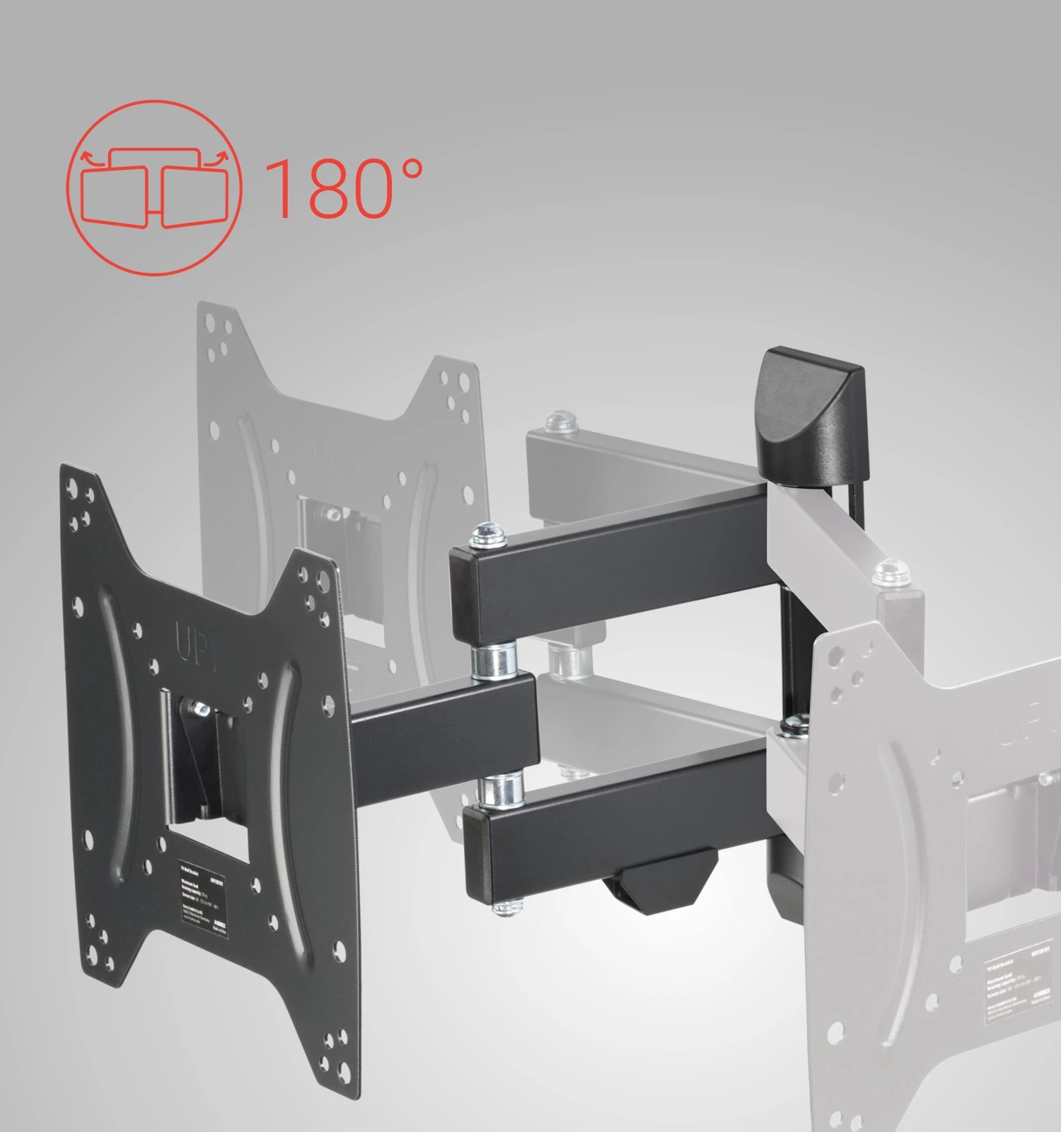 Uchwyt ścienny do TV z funkcją obrotu, czarny, na jasnoszarym tle.