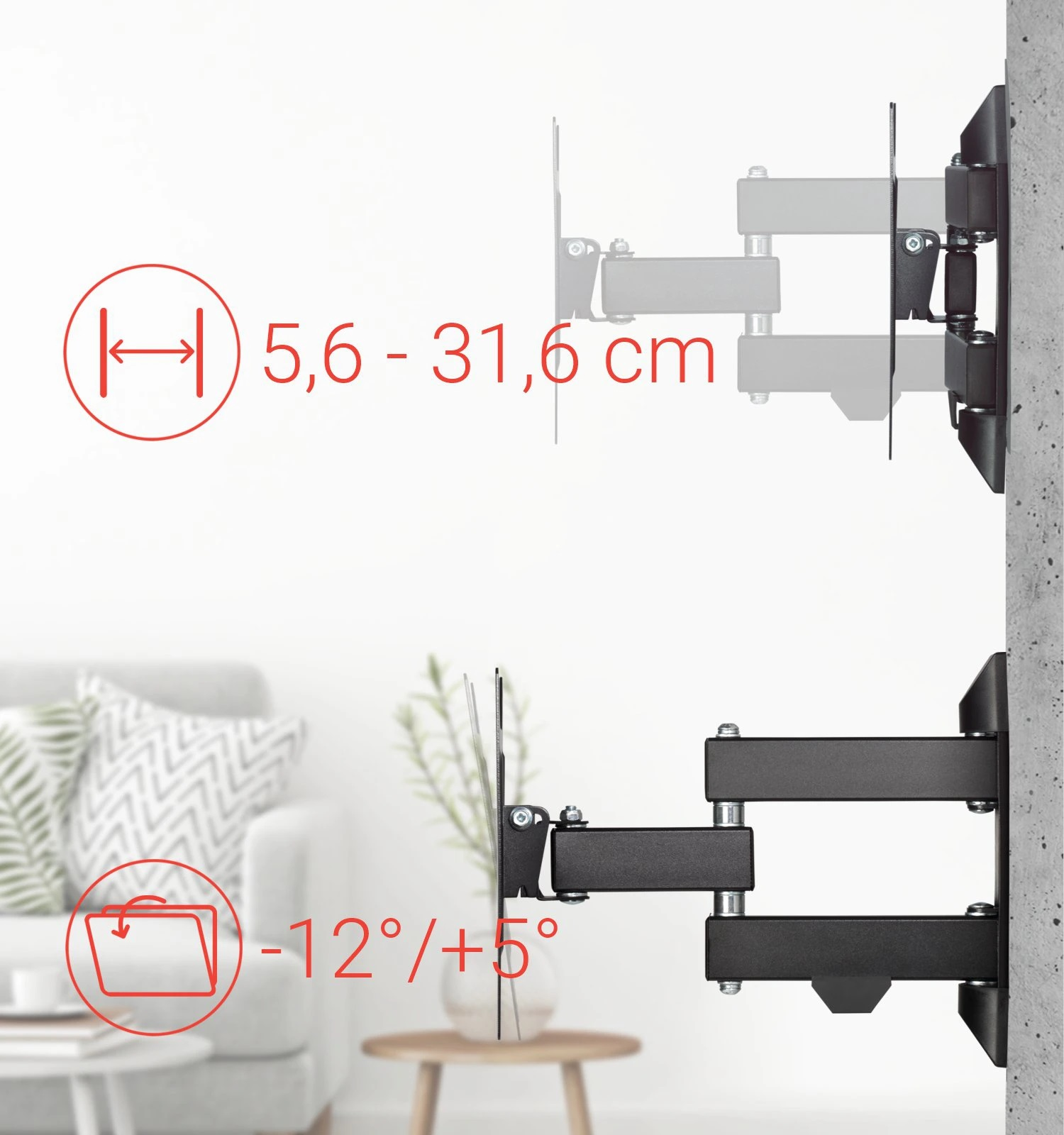 Uchwyt TV na ścianie z sofą i stołem w tle. Pokazuje kąty regulacji.