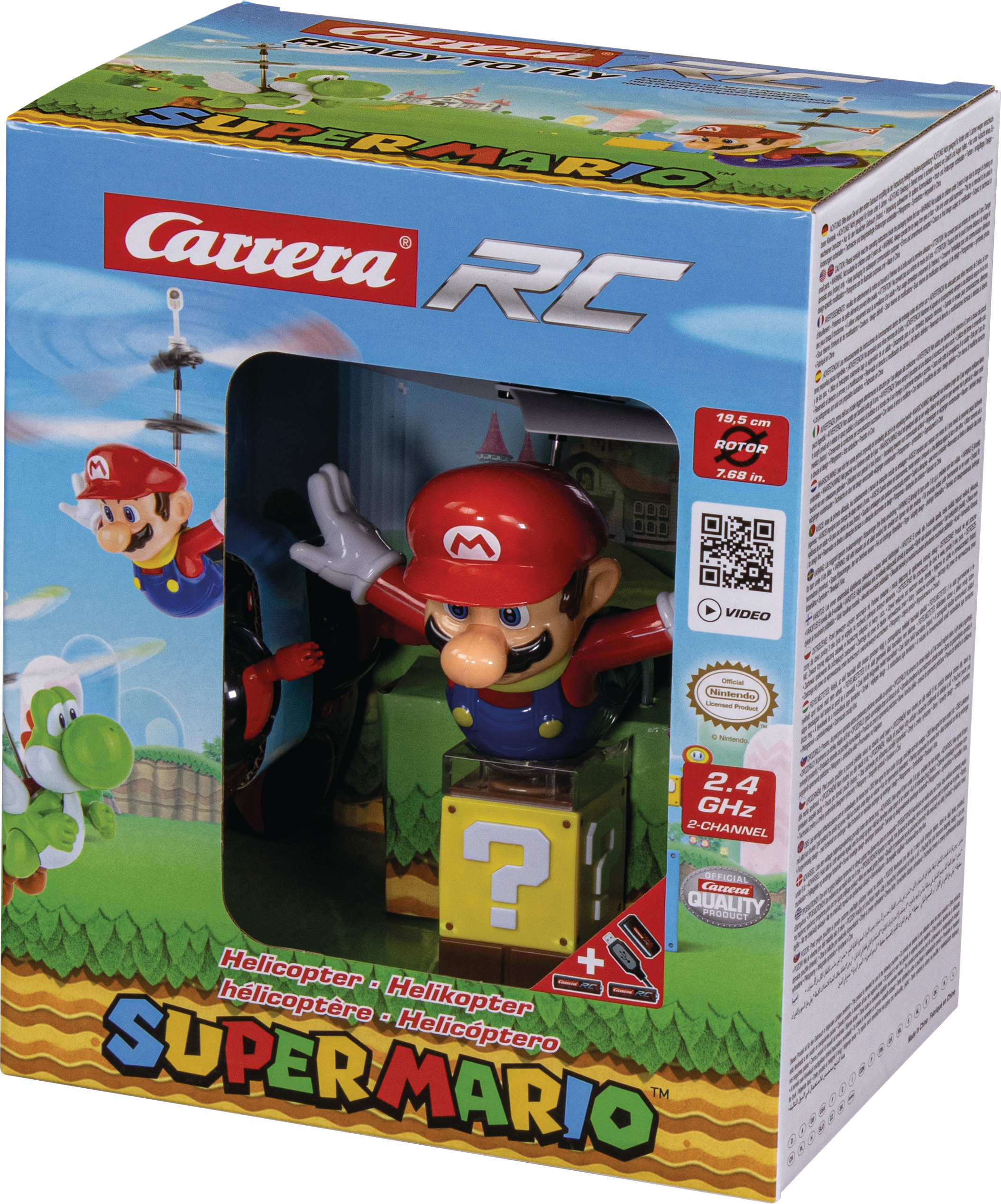 Verpacktes Carrera RC Super Mario Helikopterspielzeug. Mario-Figur im Hubschrauber. Yoshi-Figur links.