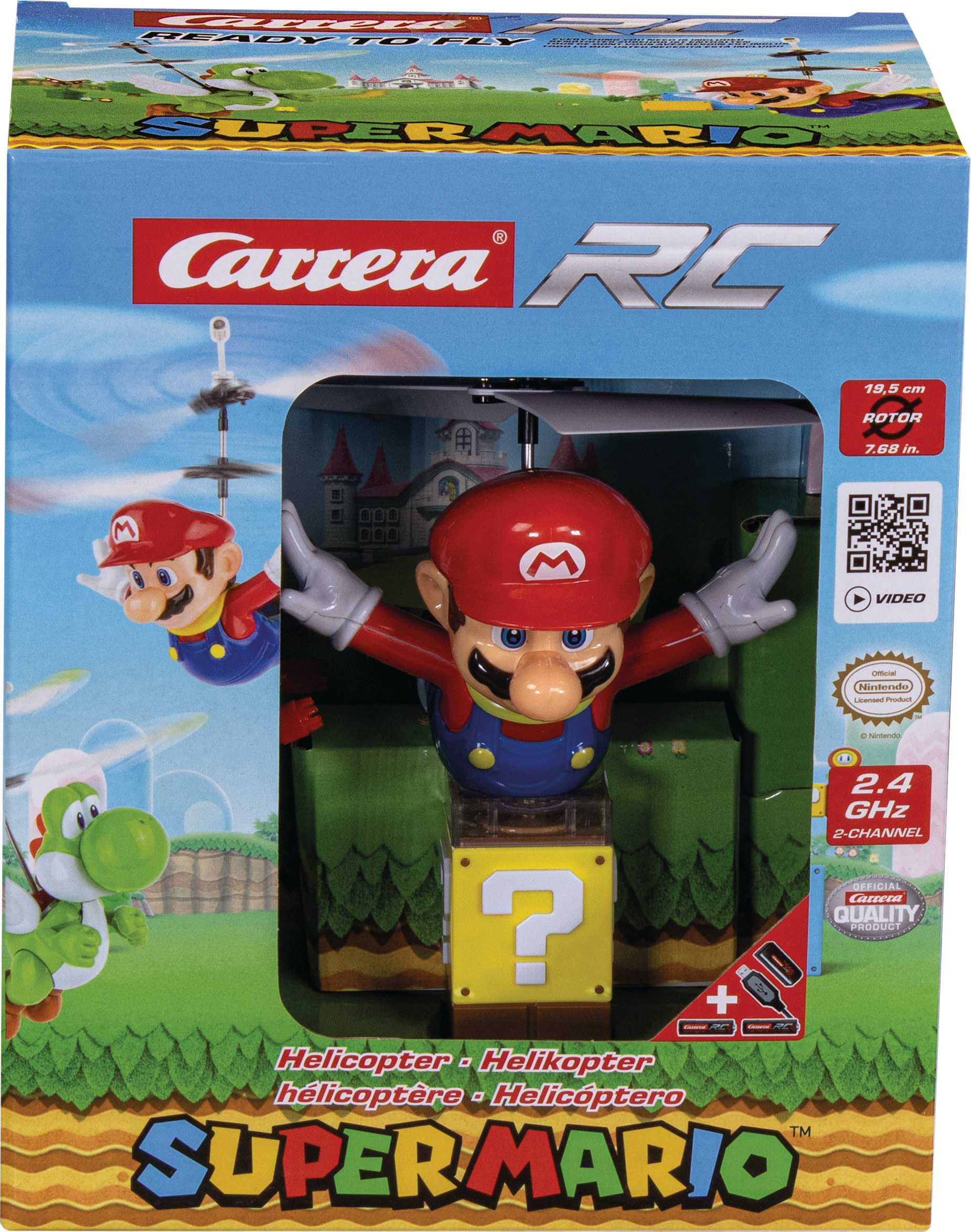 Super Mario Spielzeug-Helikopter in einer Box mit Text.