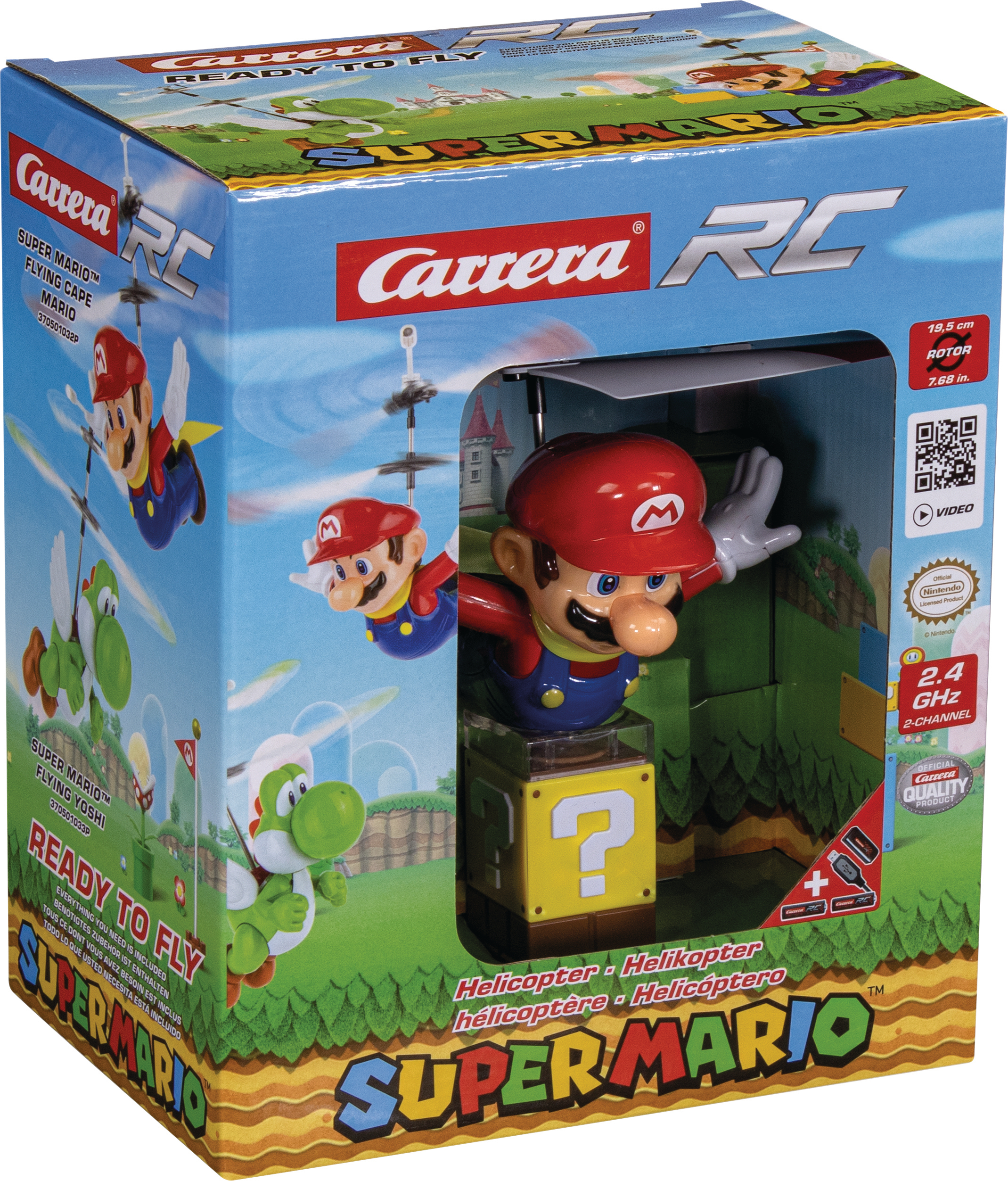 Ein Super Mario RC Spielzeug in einer Box. Es zeigt Mario und Yoshi auf der Vorder- und Seite.