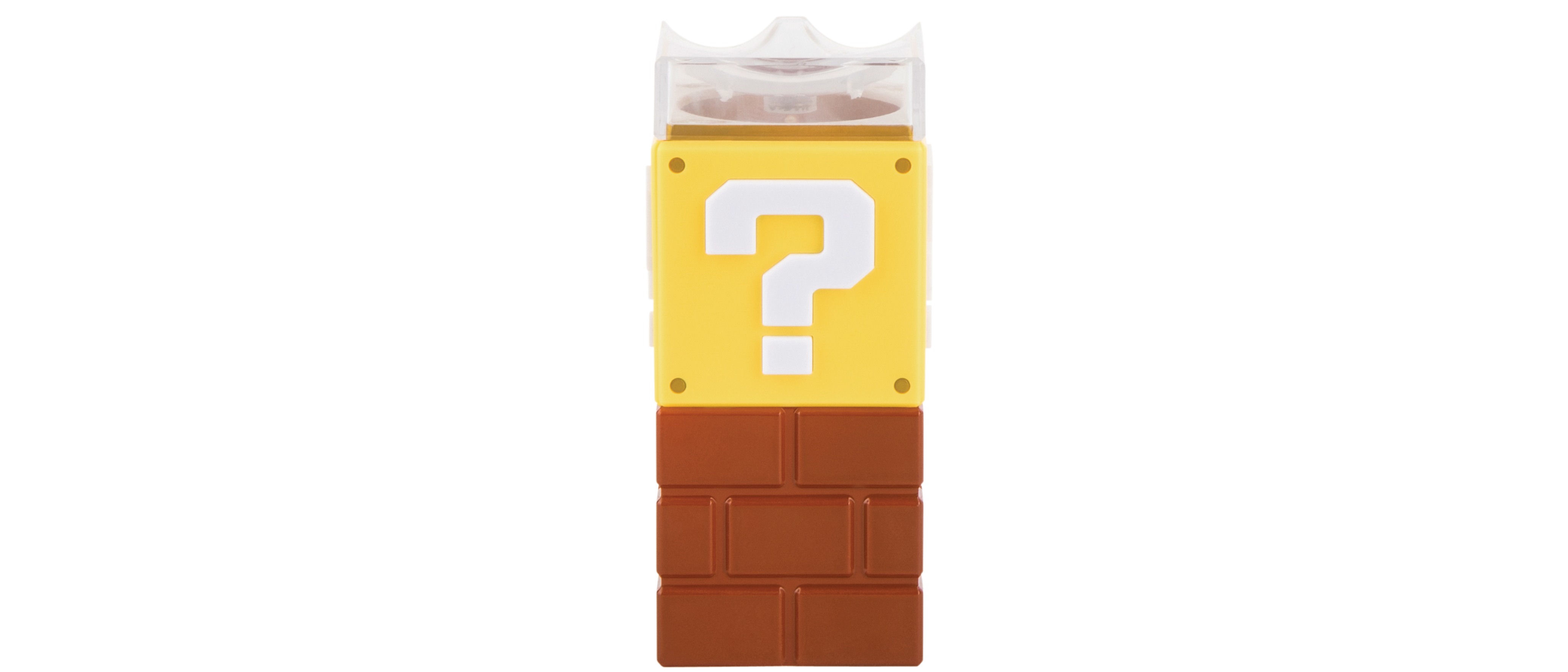 Ein gelber Block mit weißem Fragezeichen und braunem Ziegelsockel, aus dem Mario-Spiel.