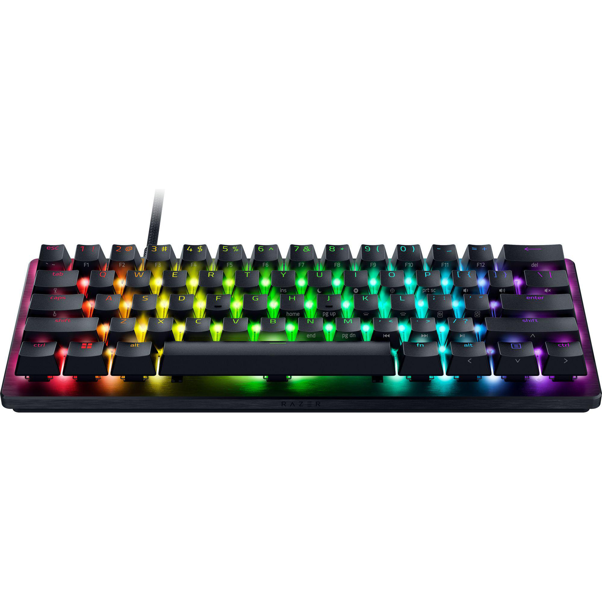 Schwarze Tastatur mit Regenbogen-Tasten. Razer-Logo vorne sichtbar.