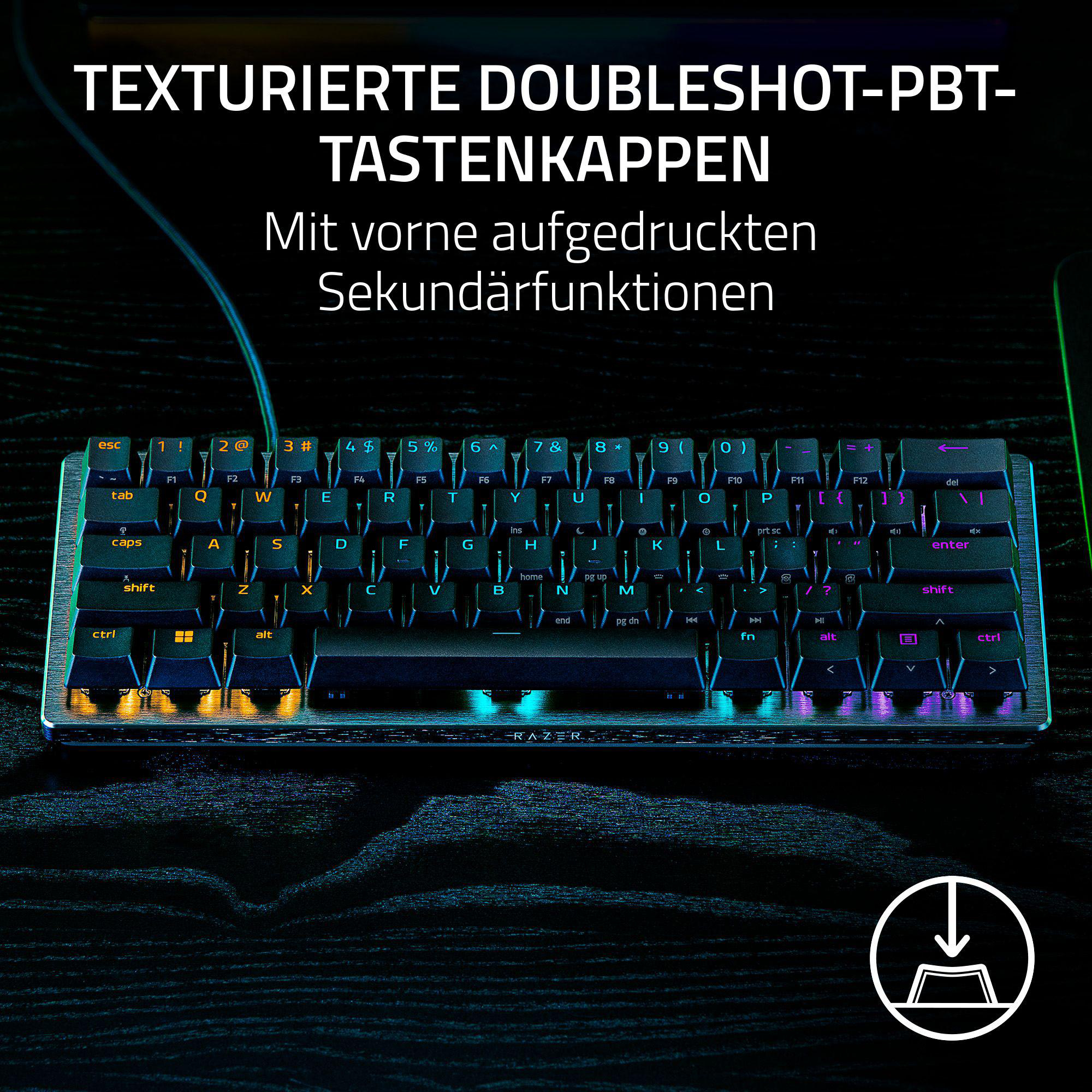 Schwarze Tastatur mit bunten Tasten. Text oben: 'TEXTURIERTE DOUBLESCHOT-PBT-TASTENKAPPEN'.
