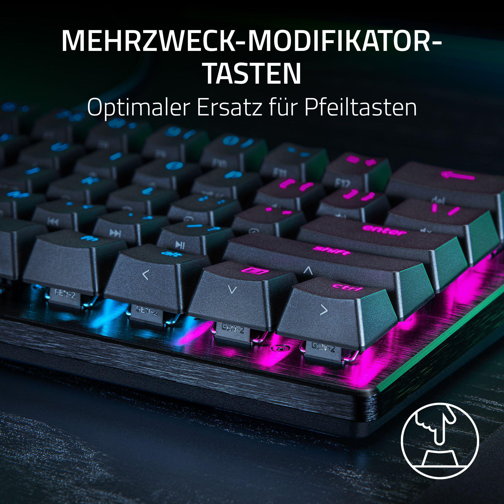 Nahaufnahme einer Tastatur mit pink und blau hervorgehobenen Sondertasten.