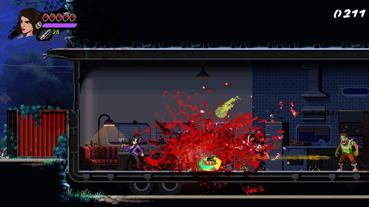 Pixelige side-scroller toont een vrouw die op zombies schiet, bloedspatten. Achtergrond is een treininterieur.