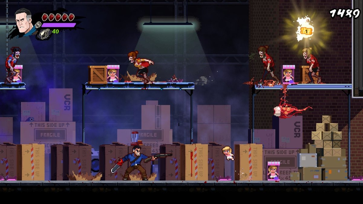 Pixel art-game scene. Een personage met een kettingzaag vecht tegen zombies. Er zijn dozen en een platform.