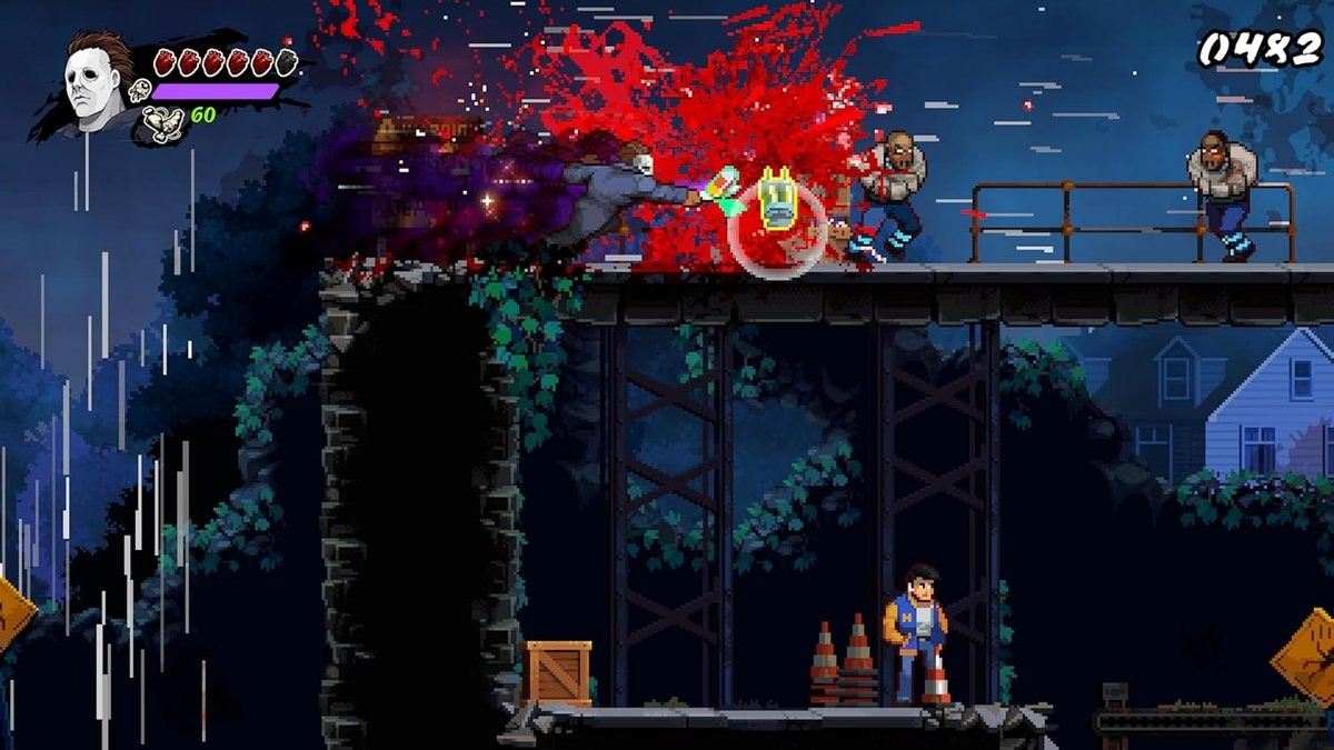 Gepixeld spelscène met een personage dat tegen zombies vecht. Bloedspetters zijn zichtbaar.