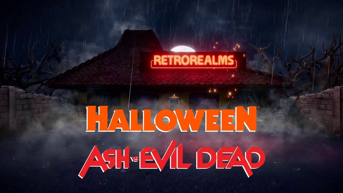 Een donkere scène die een Halloween-evenement promoot, met een spookhuis en de tekst 'Ash vs Evil Dead'.
