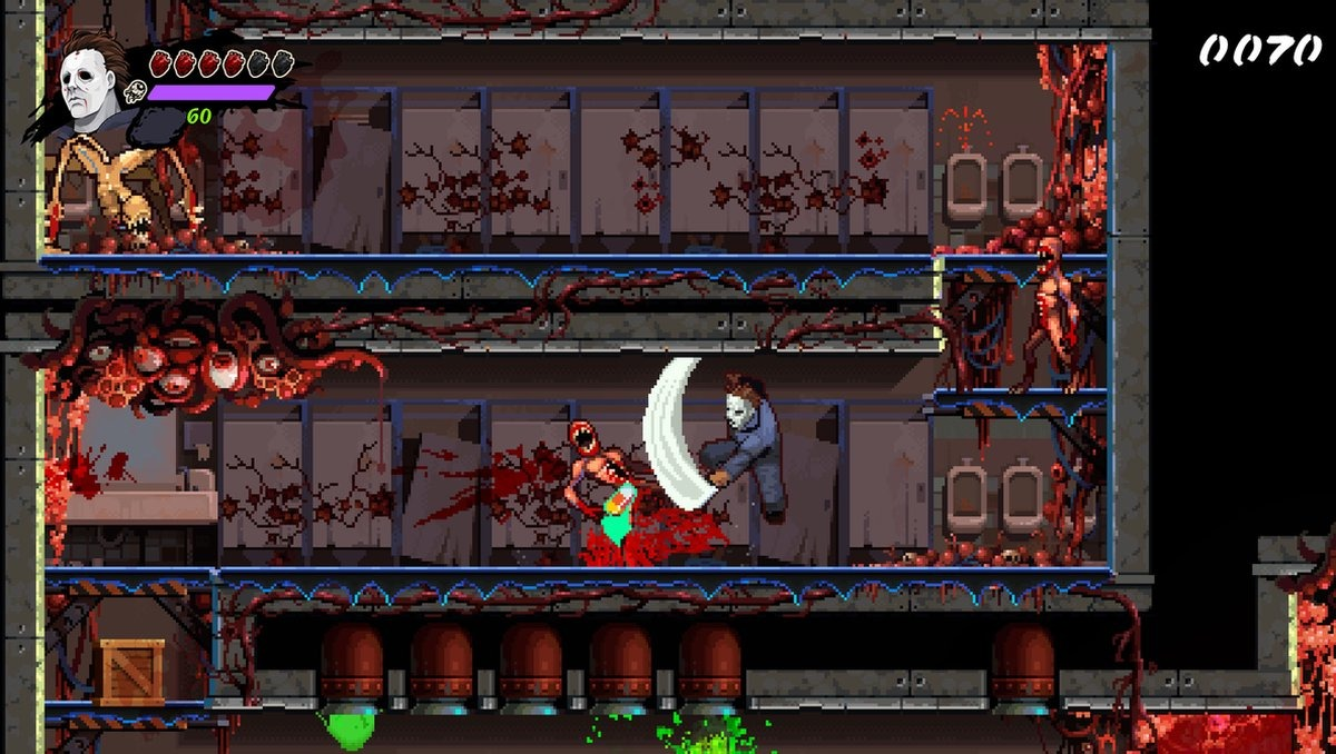 Pixelige videogame scène met een horrorthema. Een personage vecht tegen een gemaskerde figuur.