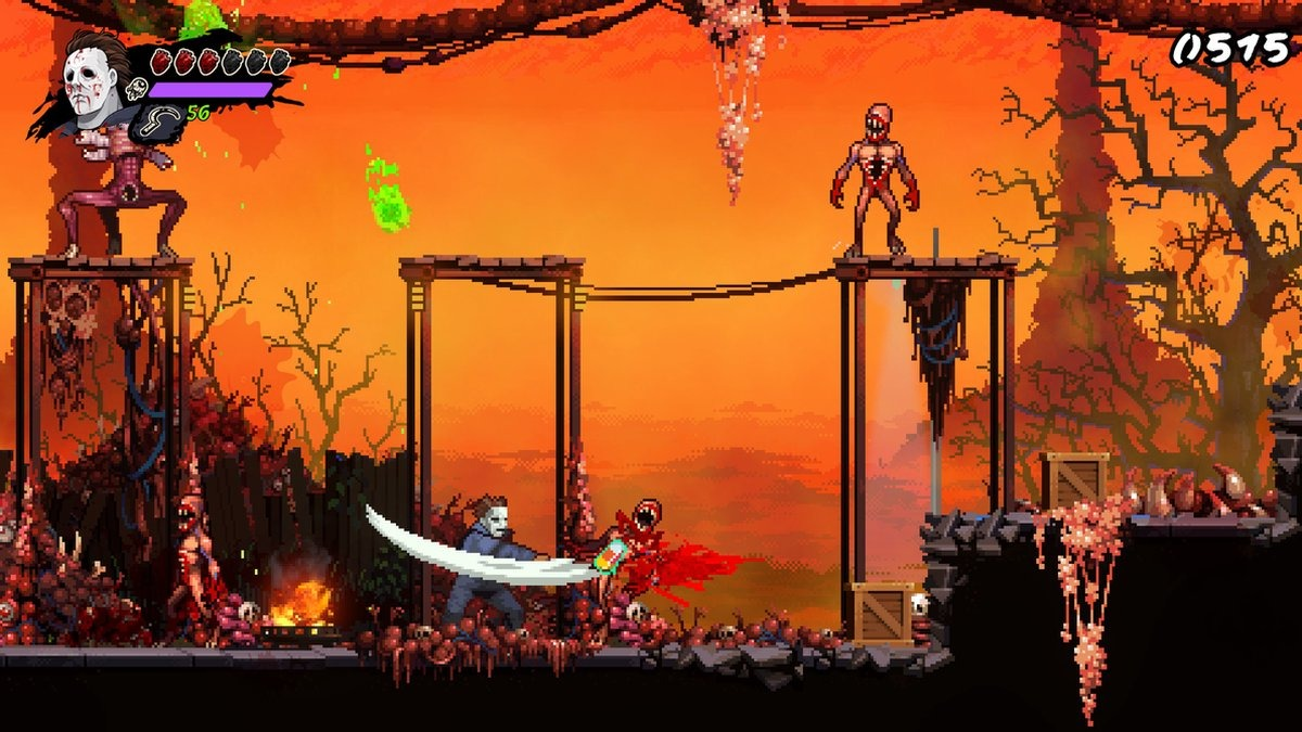 Een gepixelde videogame-scène met een vechtend personage. De achtergrond is een vurige, helse omgeving.