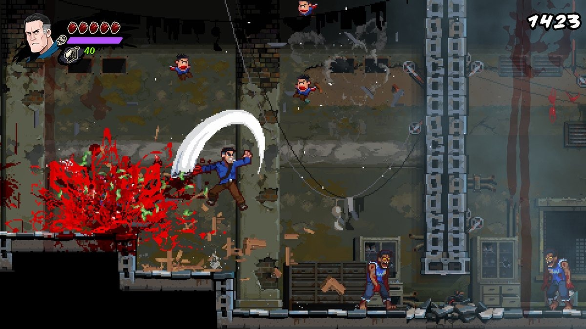 Gepixeleerde videogame scène. Personage vecht met zombies met bloed effecten.