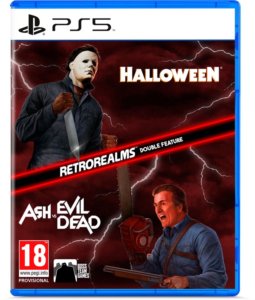 PS5 gamecover: 'Halloween' en 'Ash vs Evil Dead' dubbelfeature, met horrorfiguren.