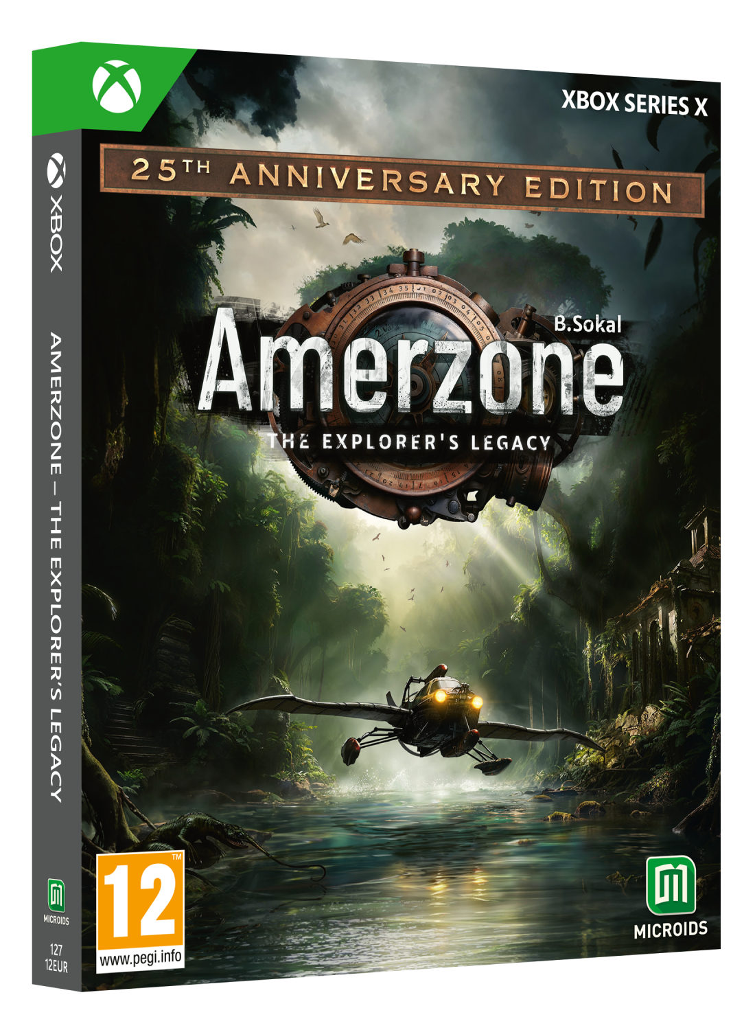 Caja de juego Xbox: Amerzone, el legado del explorador. Cubierta muestra máquina voladora.