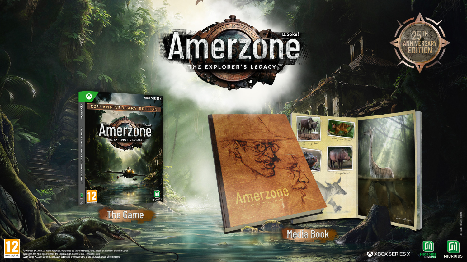 Una caja de juego y un libro sobre una mesa de madera con un fondo de bosque.