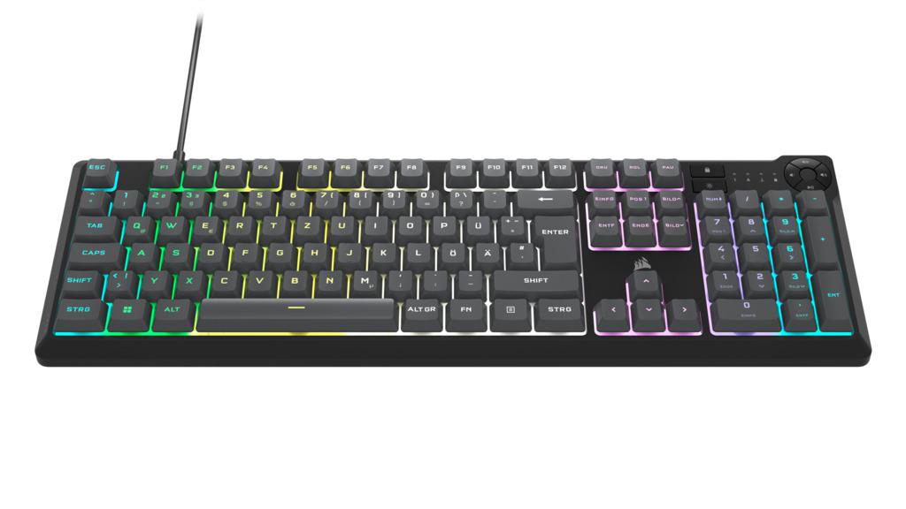 Schwarze Tastatur mit RGB-Hintergrundbeleuchtung und Standardtastenanordnung, weißer Hintergrund.