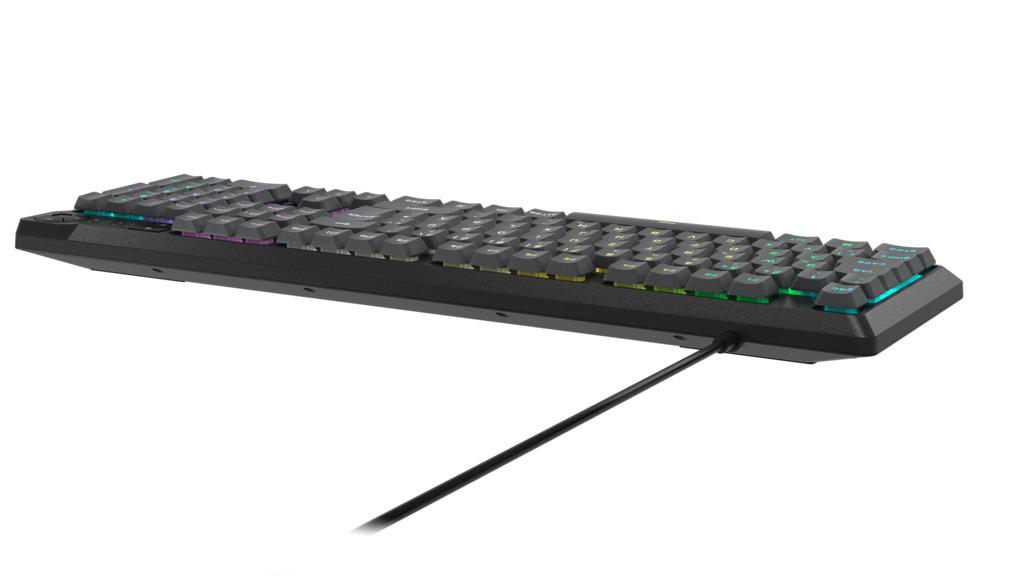 Schwarze Tastatur, schräge Ansicht, mit Tasten, die mehrfarbige Beleuchtung zeigen.