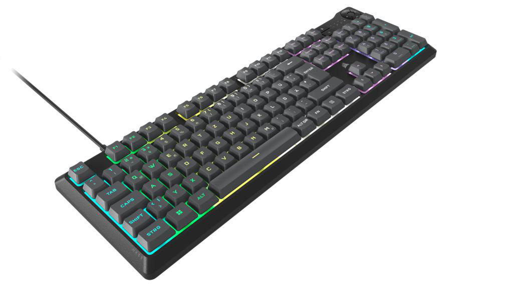 Eine schwarze Tastatur mit bunten, hintergrundbeleuchteten Tasten. Die Tasten sind schwarz mit verschiedenen Farben.