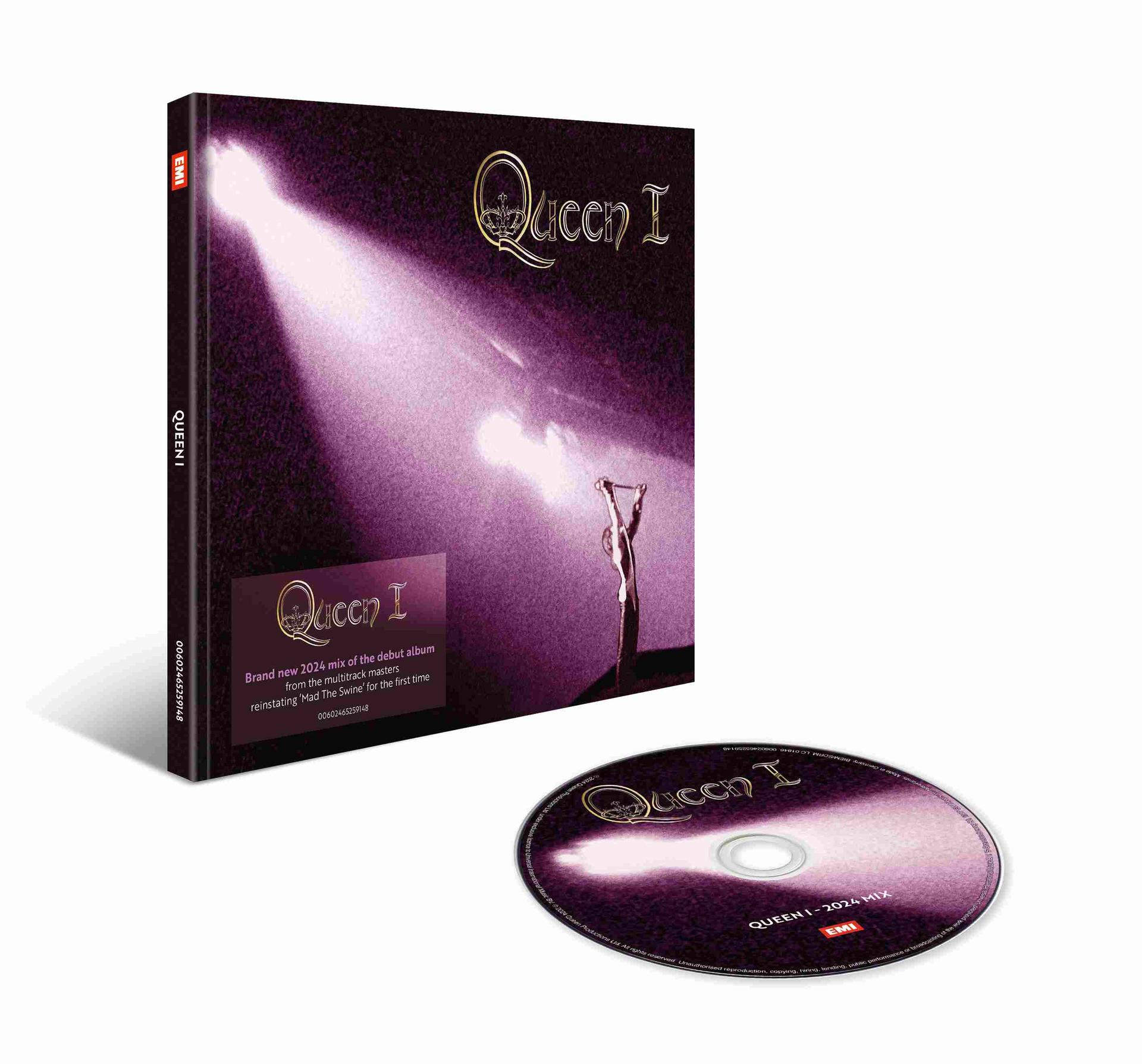 A Queen I album borítója, mellette egy CD-vel. Egy reflektort és egy alakot ábrázol.