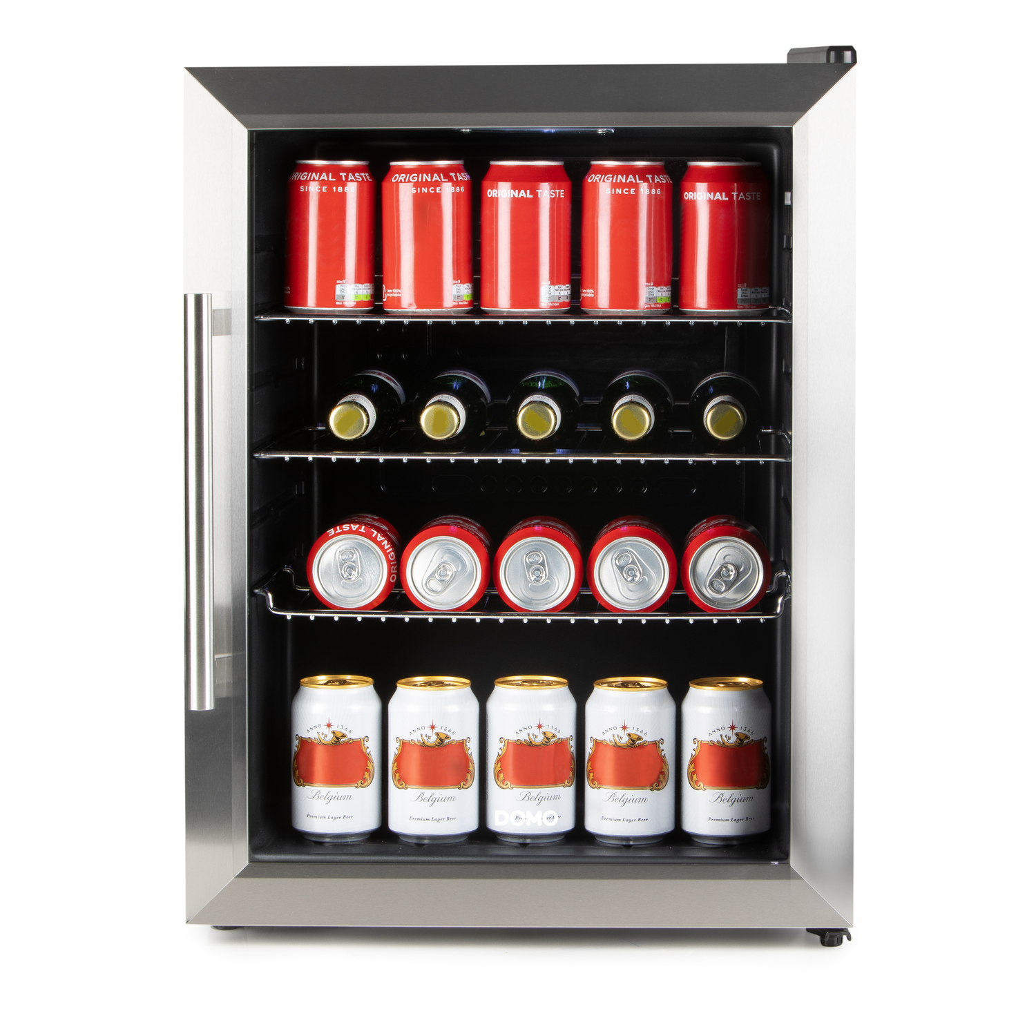 Mini-réfrigérateur rempli de canettes rouges et blanches et de bouteilles de vin. Finition en acier inoxydable.