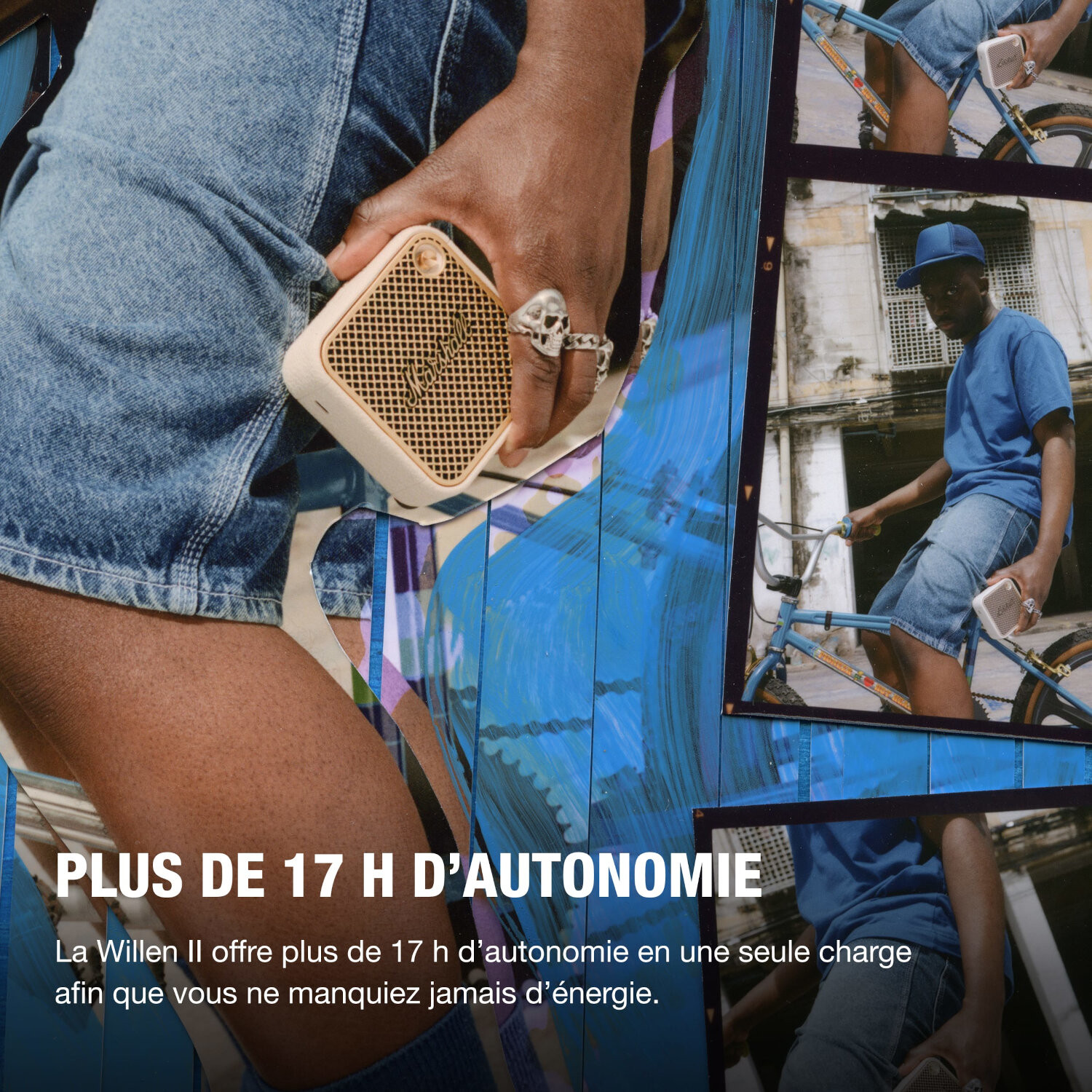 Une personne tient un petit haut-parleur beige avec le texte : Plus de 17 h d'autonomie.
