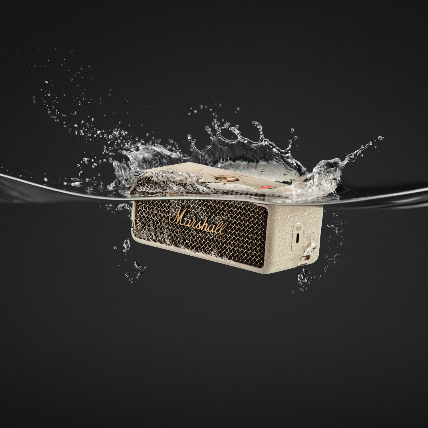 Speaker submerged in water. Water splashing around it. Speaker is off-white and has a mesh front.