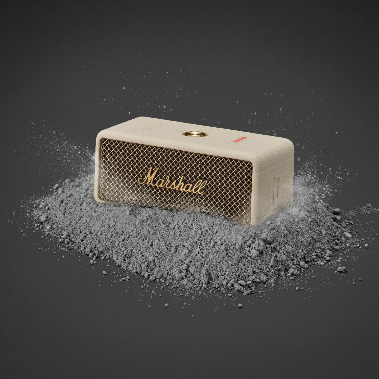 A Marshall speaker on a grey powder pile with dust cloud background.