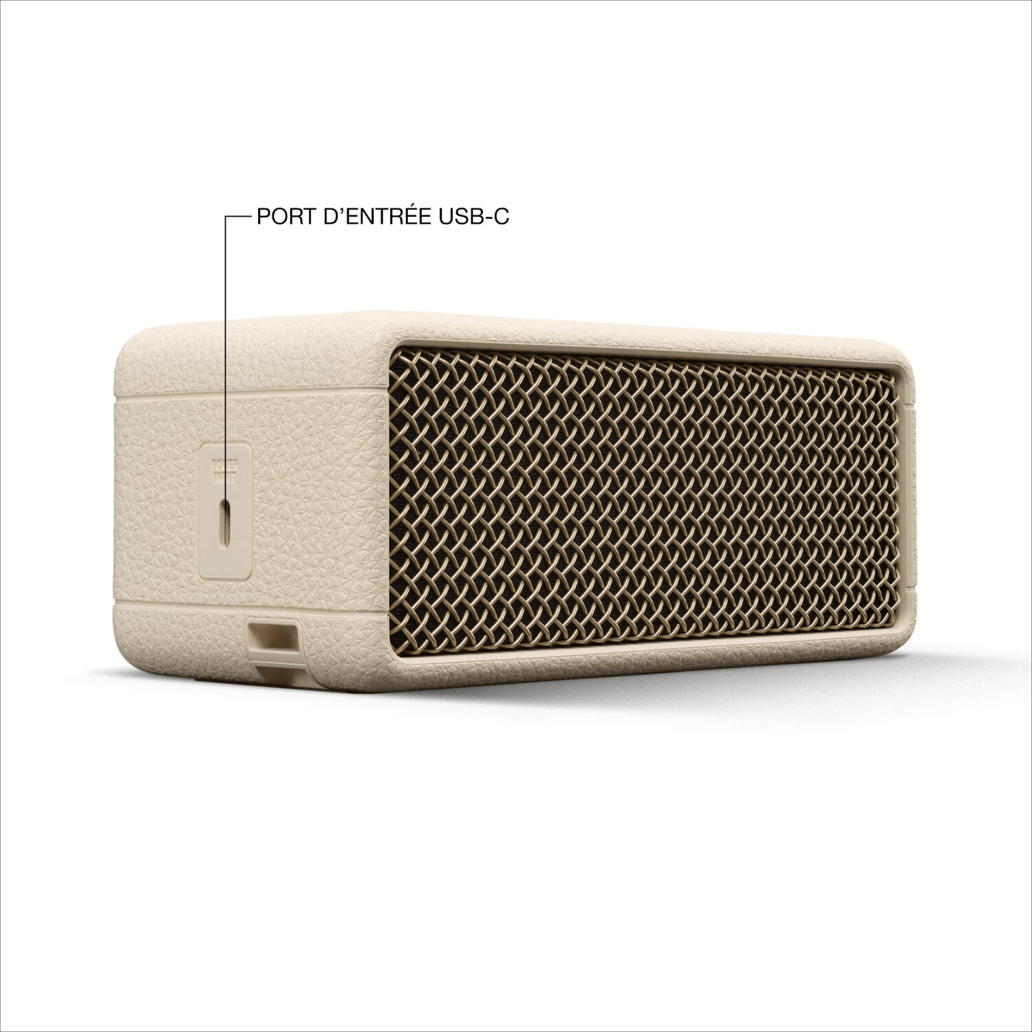 Un haut-parleur Marshall beige avec un port USB-C sur le côté.