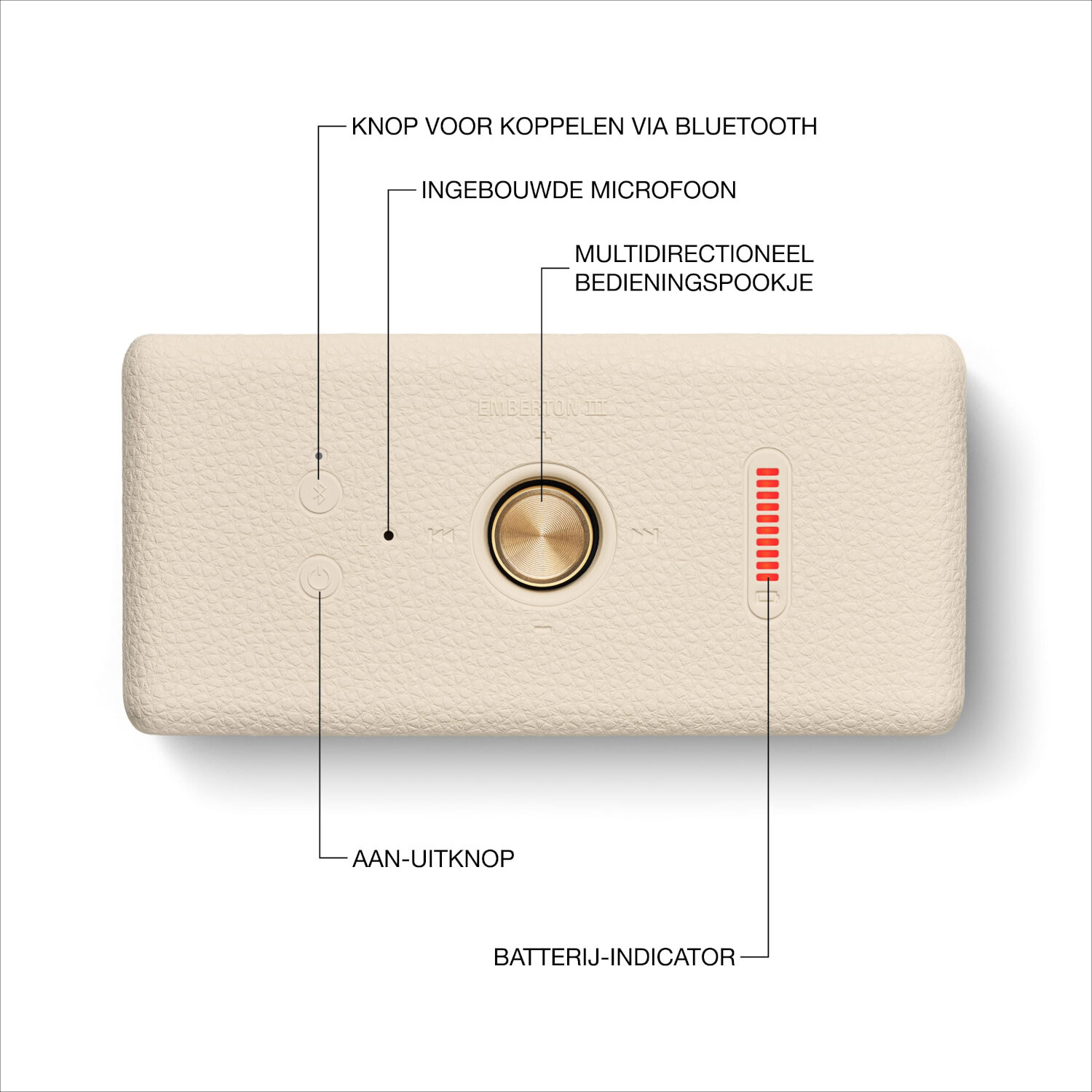 A beige portable speaker with a button panel. Labels indicate Bluetooth, power, and battery.