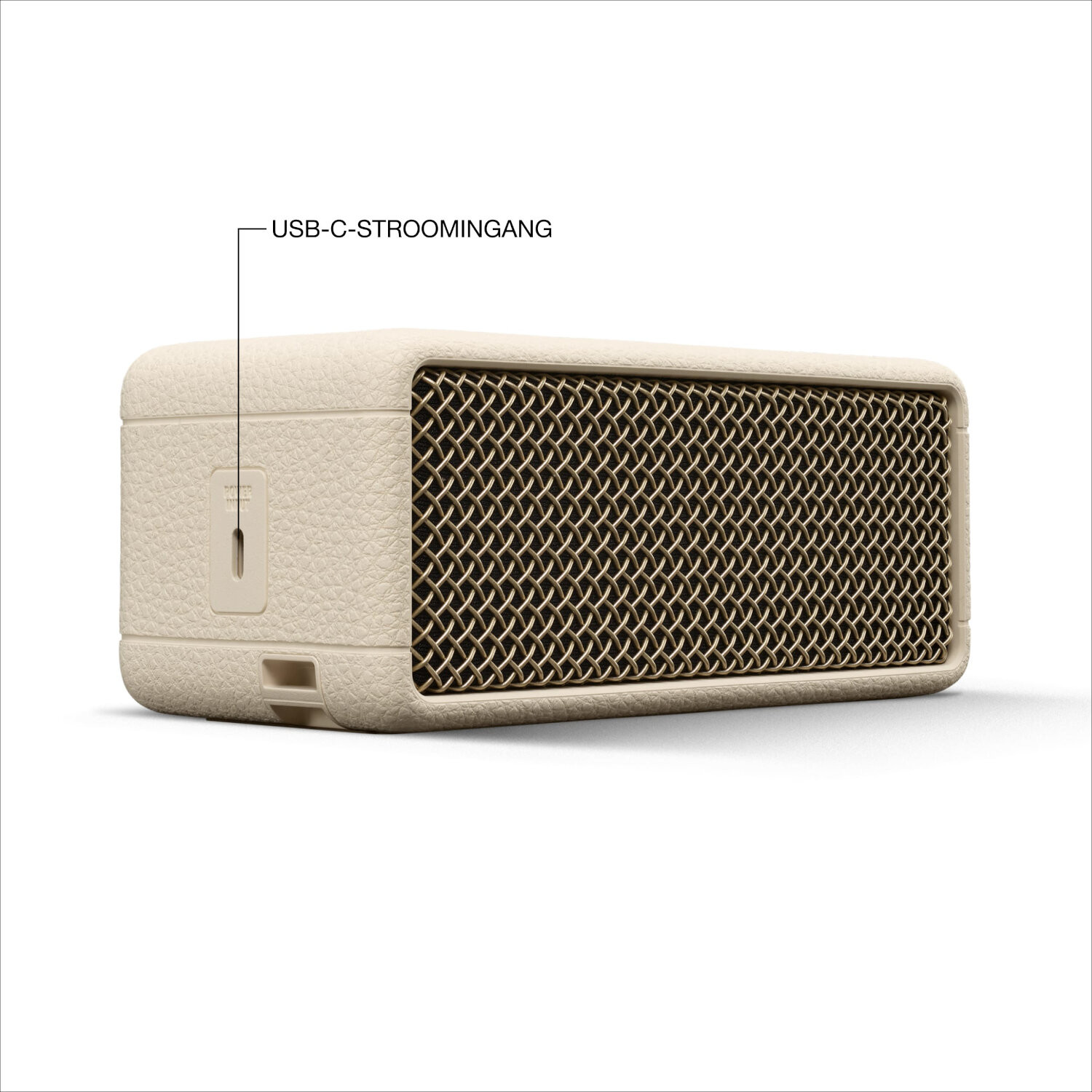 Beige Marshall speaker, side view, with USB-C port.