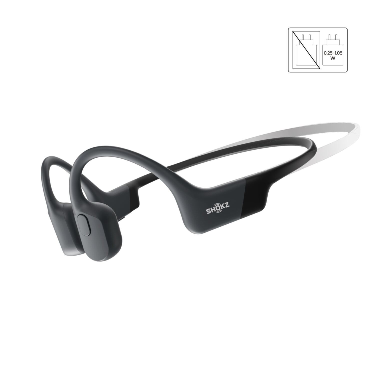Casque Shokz à conduction osseuse noir et gris. Fond blanc. Petit schéma du chargeur, 0,25-1,05 W.