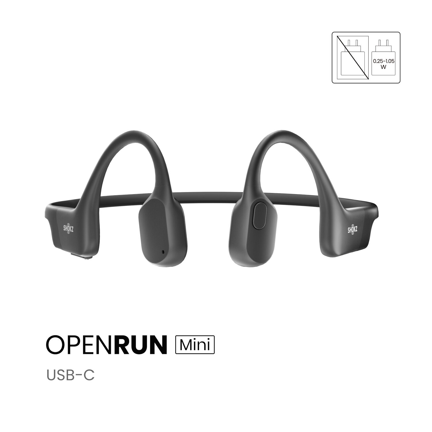 Casque à conduction osseuse noir avec texte OPENRUN Mini et USB-C.