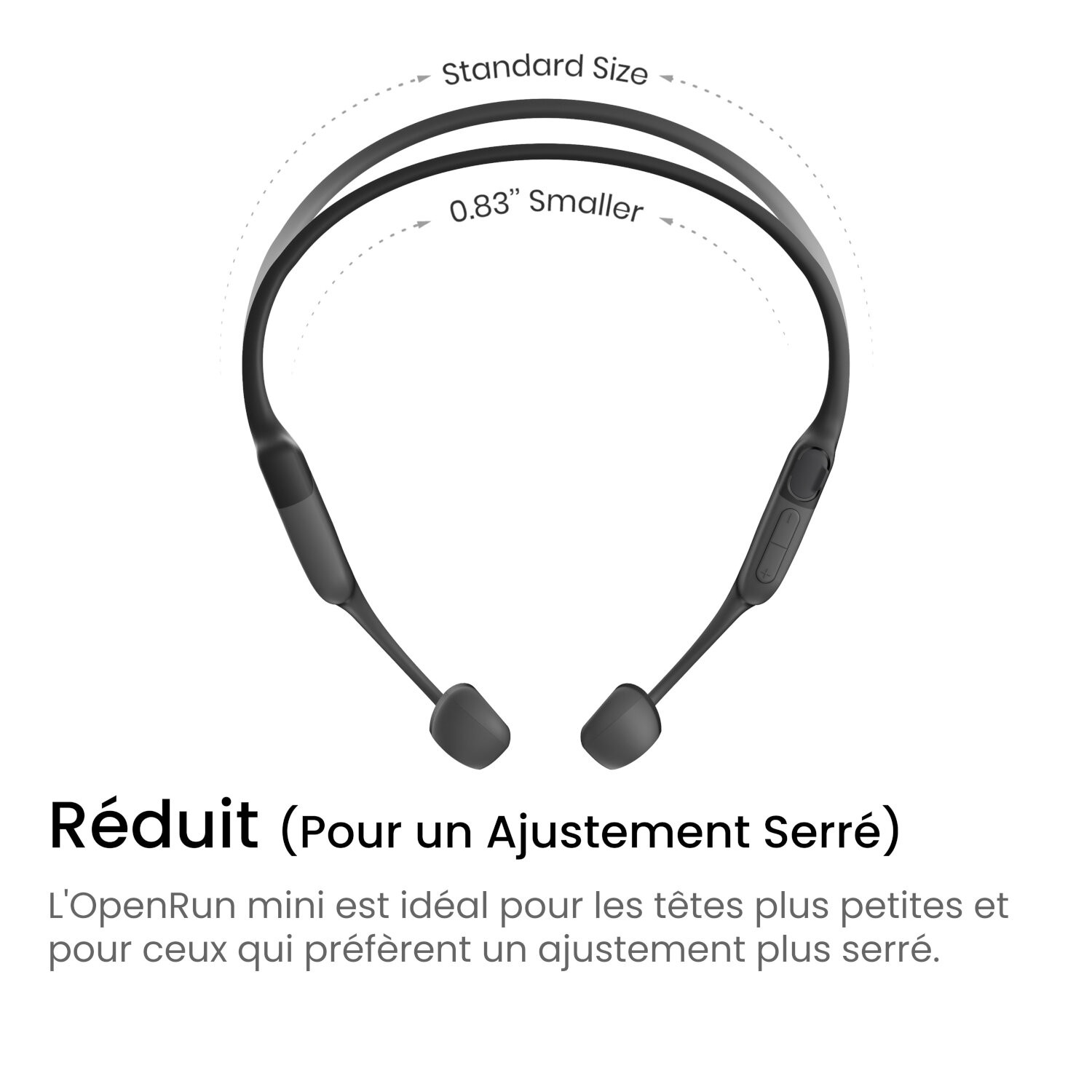 Casque noir avec un texte sur la taille réduite.