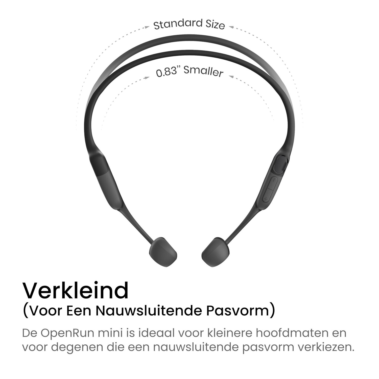 Zwarte bone conduction hoofdtelefoon met tekst over een kleinere pasvorm.