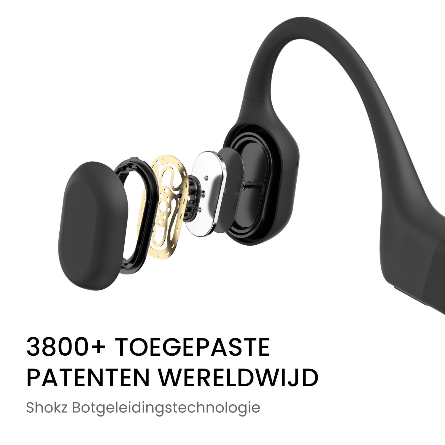 Een gedemonteerde bone conduction koptelefoon. Exploded view met tekst in het Nederlands.
